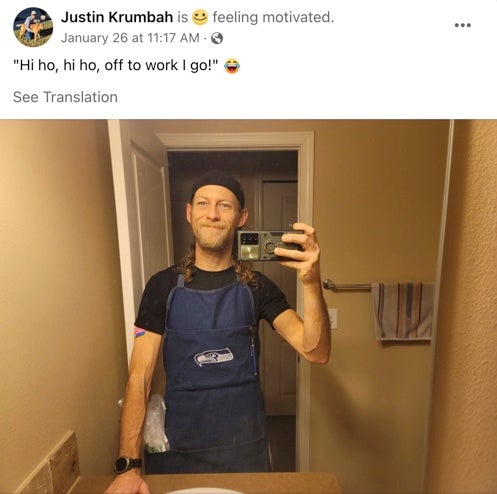 Justin Krumbah shared a photo of himself smiling cheerily dressed in his work apron in his last social media post