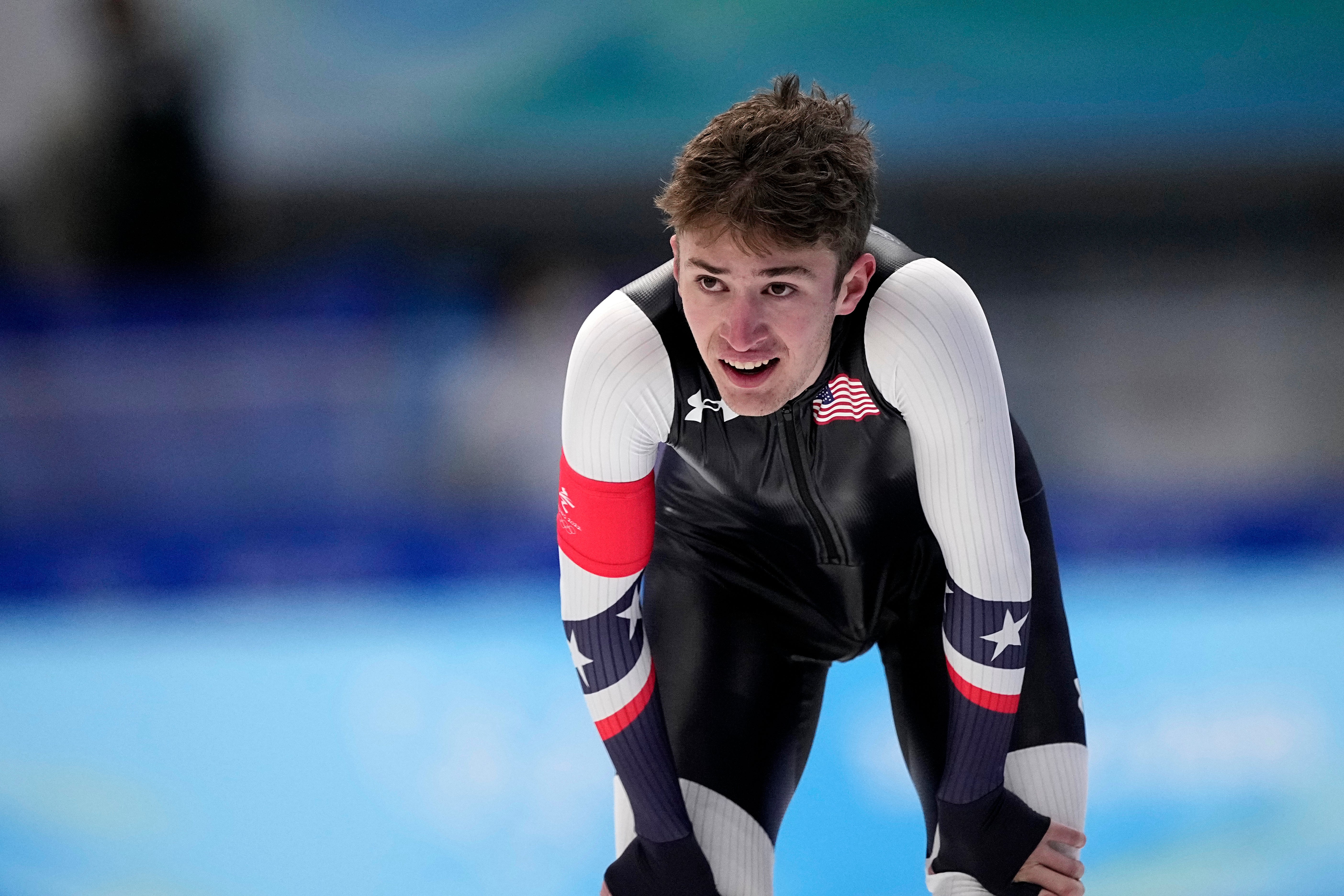 Casey Dawson of the United States reacts after competing in the men’s speedskating 1,500-meter race at the 2022 Winter Olympics