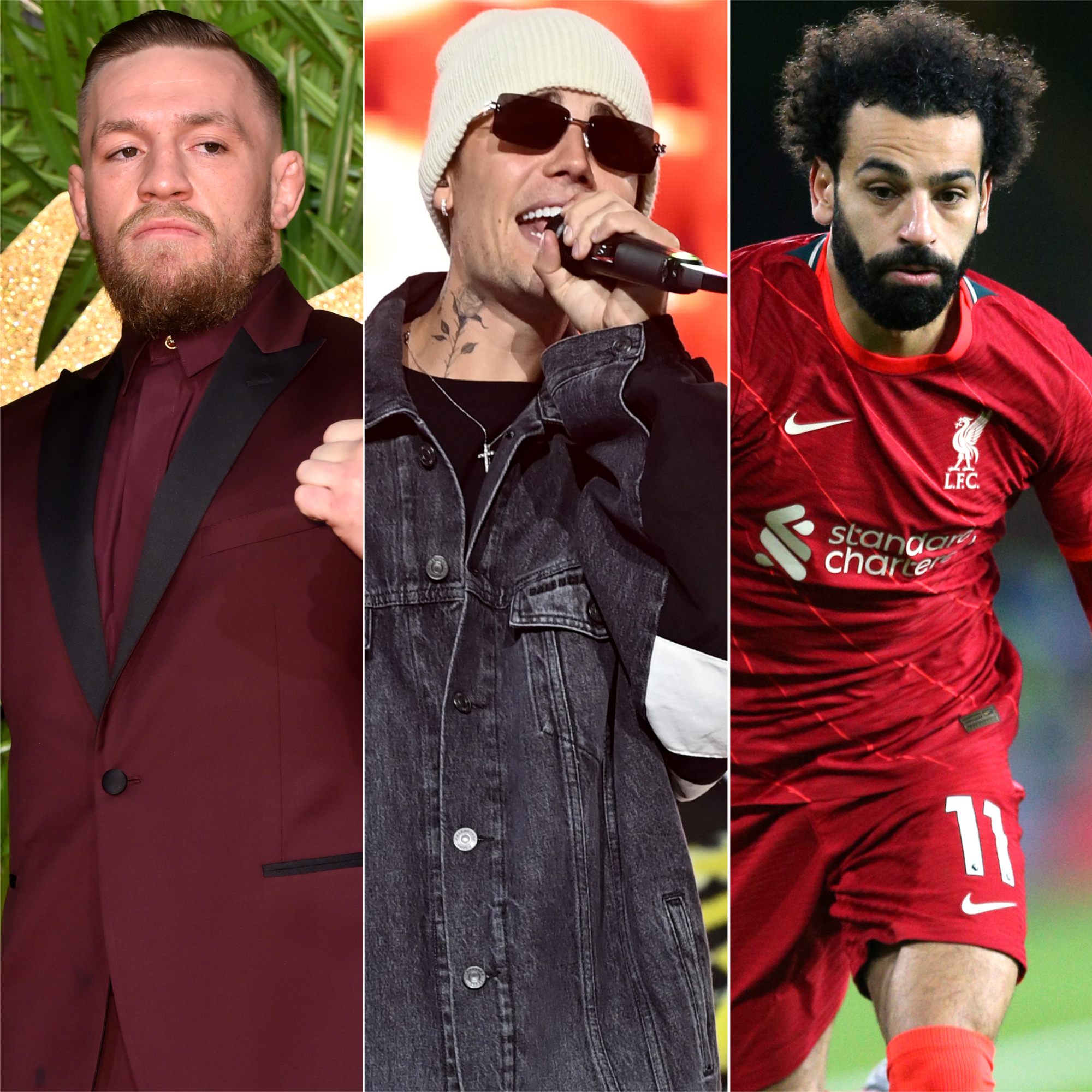 Conor McGregor, Justin Bieber and Mohamed Salah (Matt Crossick/Nigel French/PA)