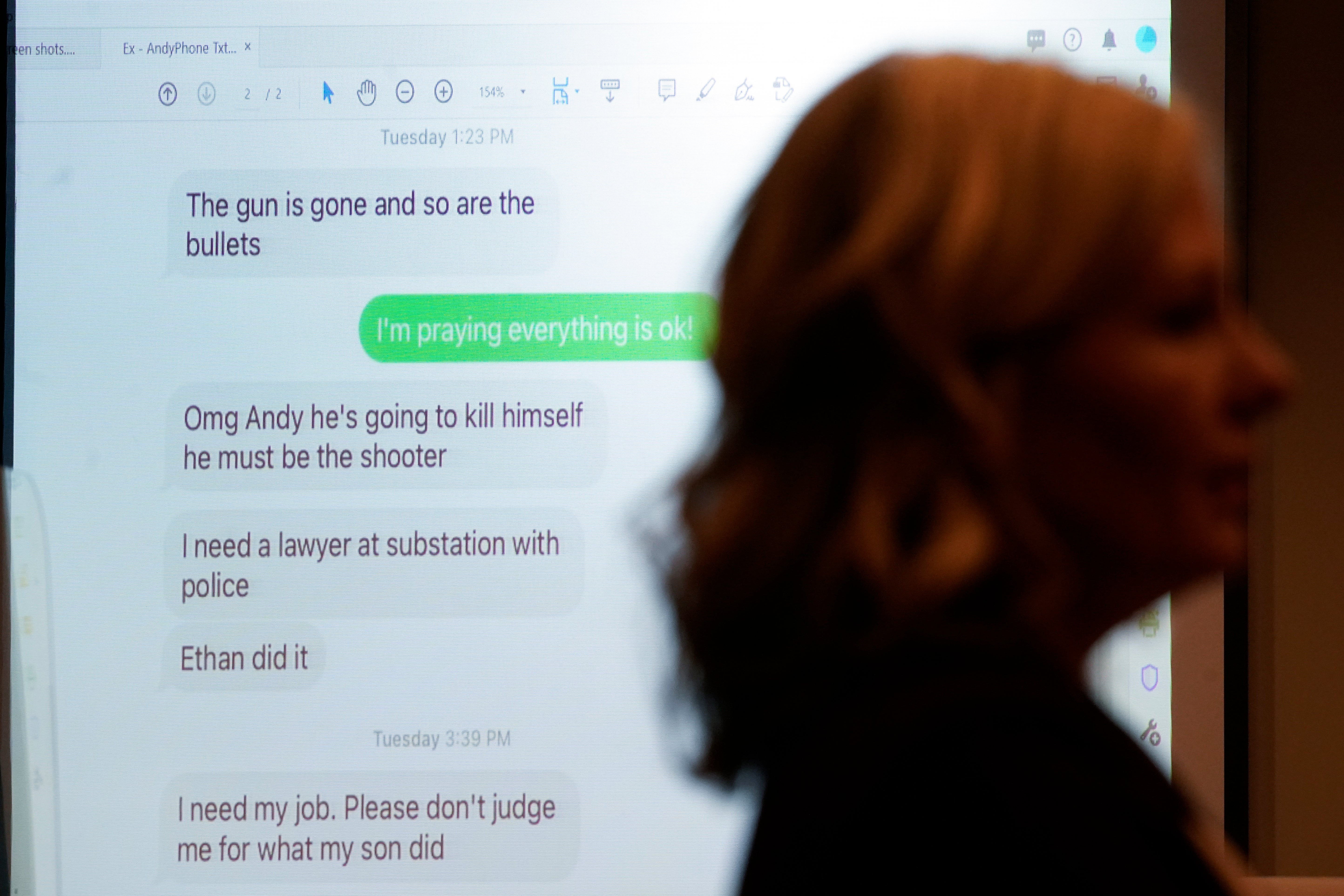 The court is shown text messages from Jennifer Crumbley on the day of the shooting