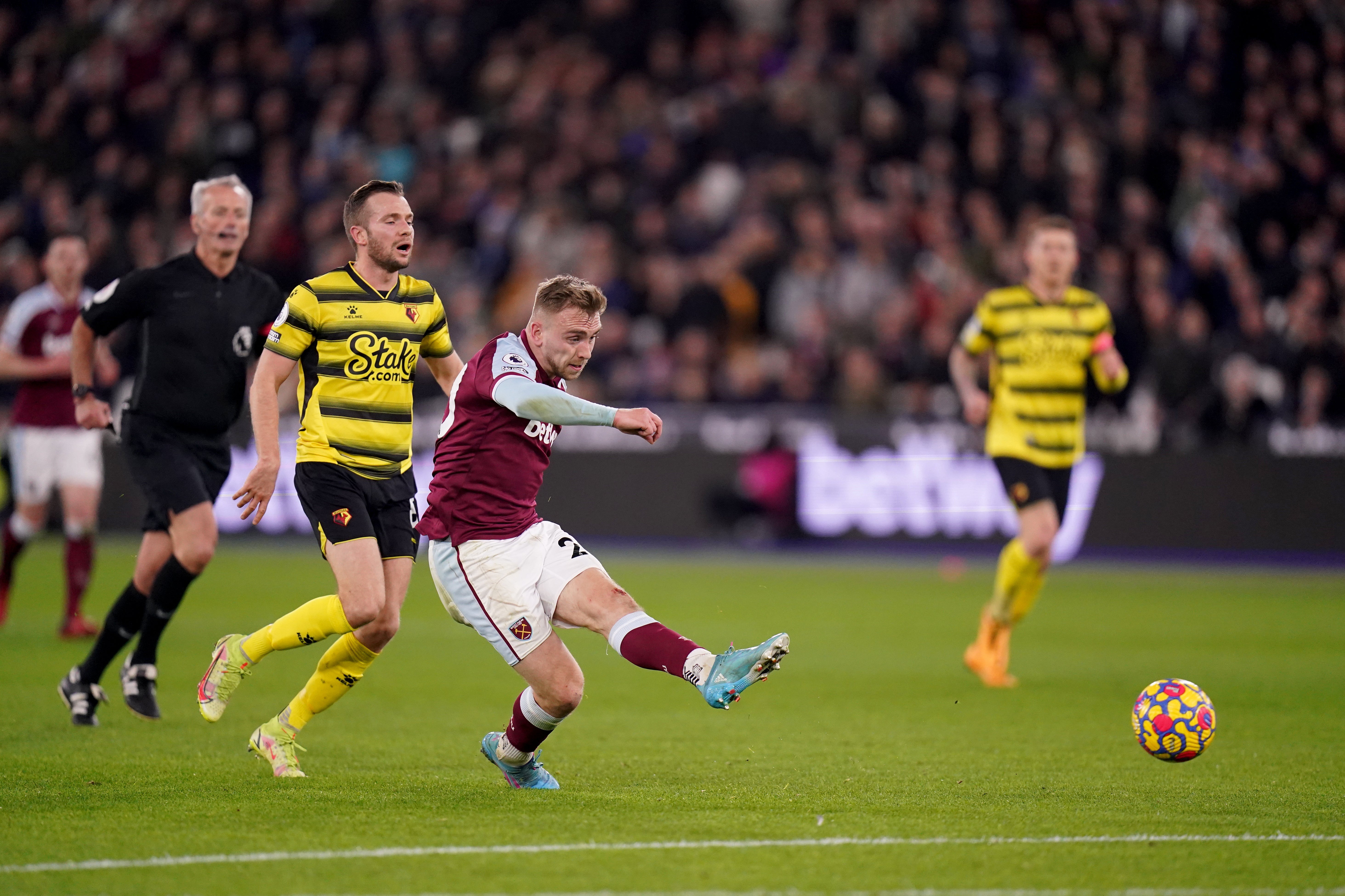 Jarrod Bowen scores West Ham’s winner (Adam Davy/PA)