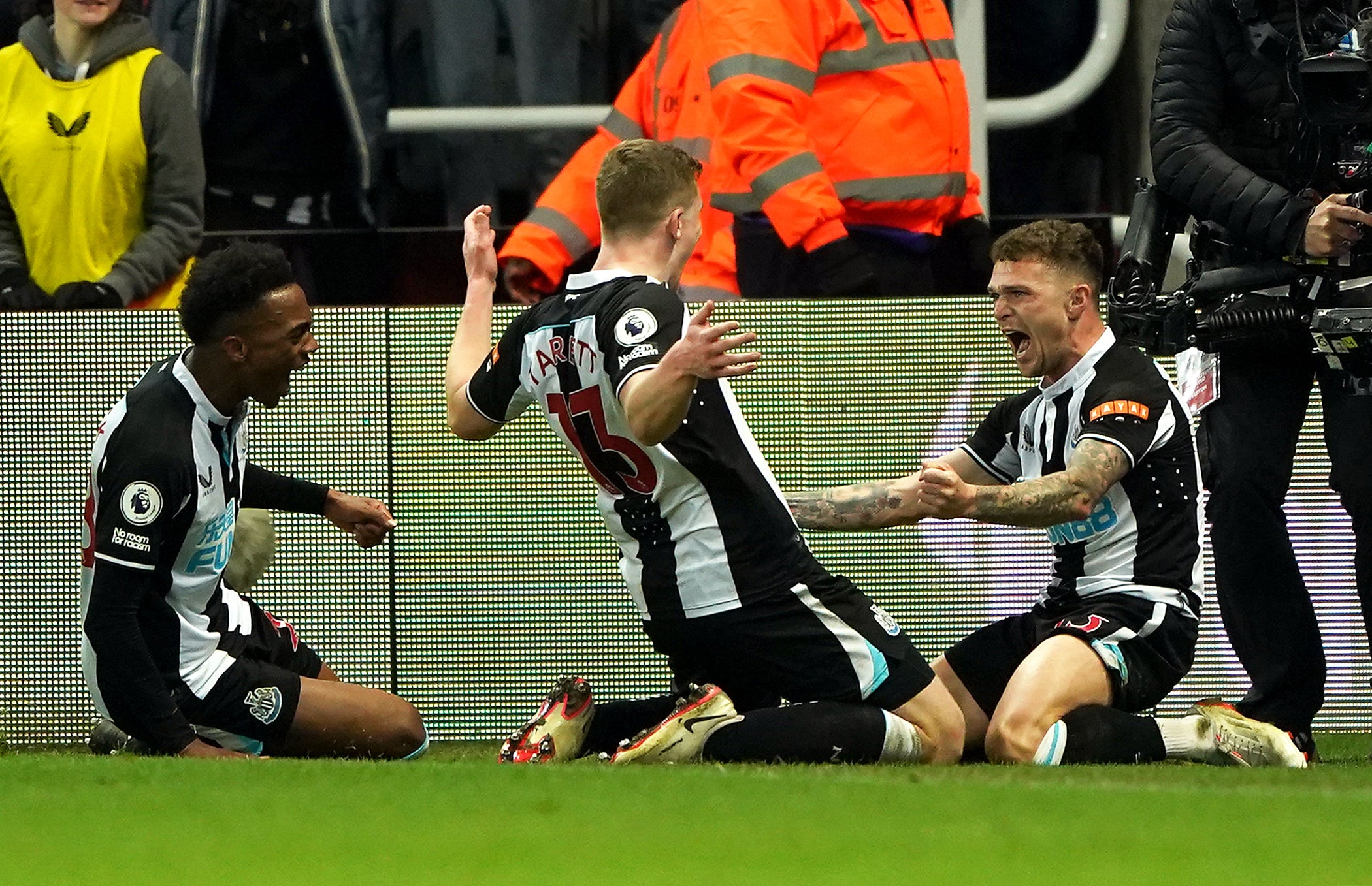 Newcastle United’s Kieran Trippier (right) celebrates scoring his side’s third goal in their 3-1 win over Everton (Owen Humphreys/PA)