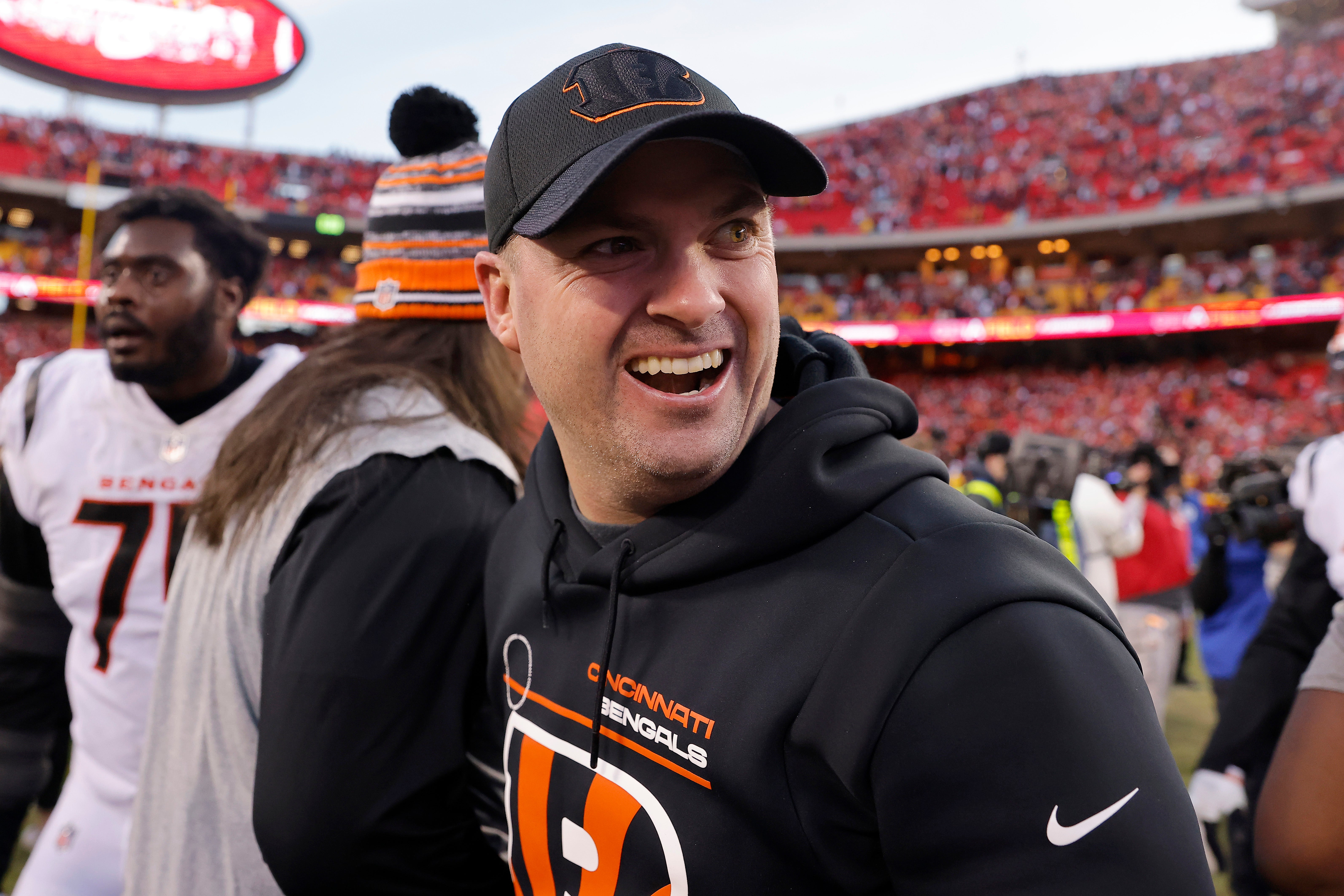 Head coach Zac Taylor of the Cincinnati Bengals celebrates following the Bengals overtime win against the Kansas City Chiefs in the AFC Championship Game