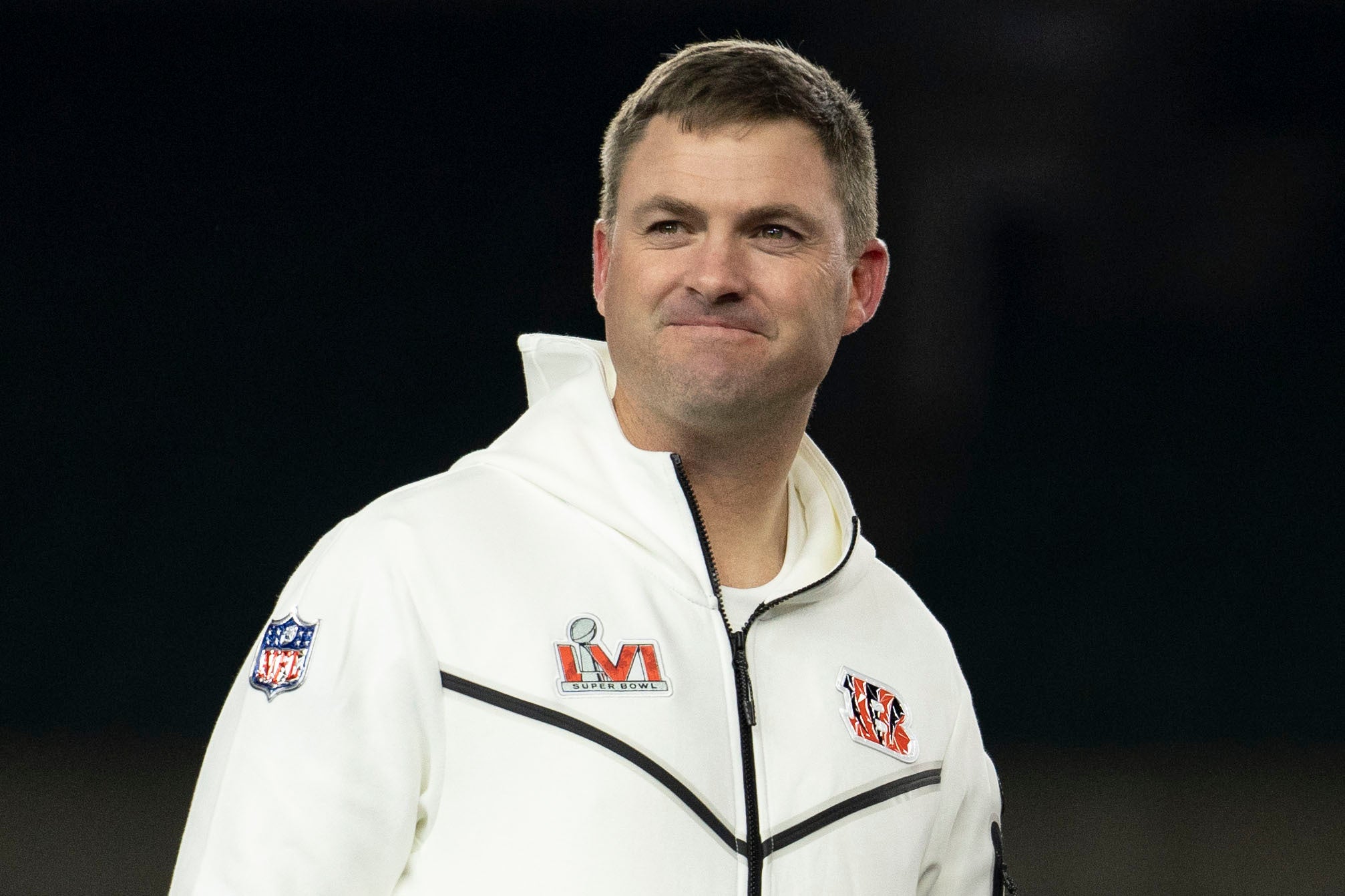 Cincinnati Bengals head coach Zac Taylor stands on stage during the Super Bowl LVI Opening Night Fan Rally