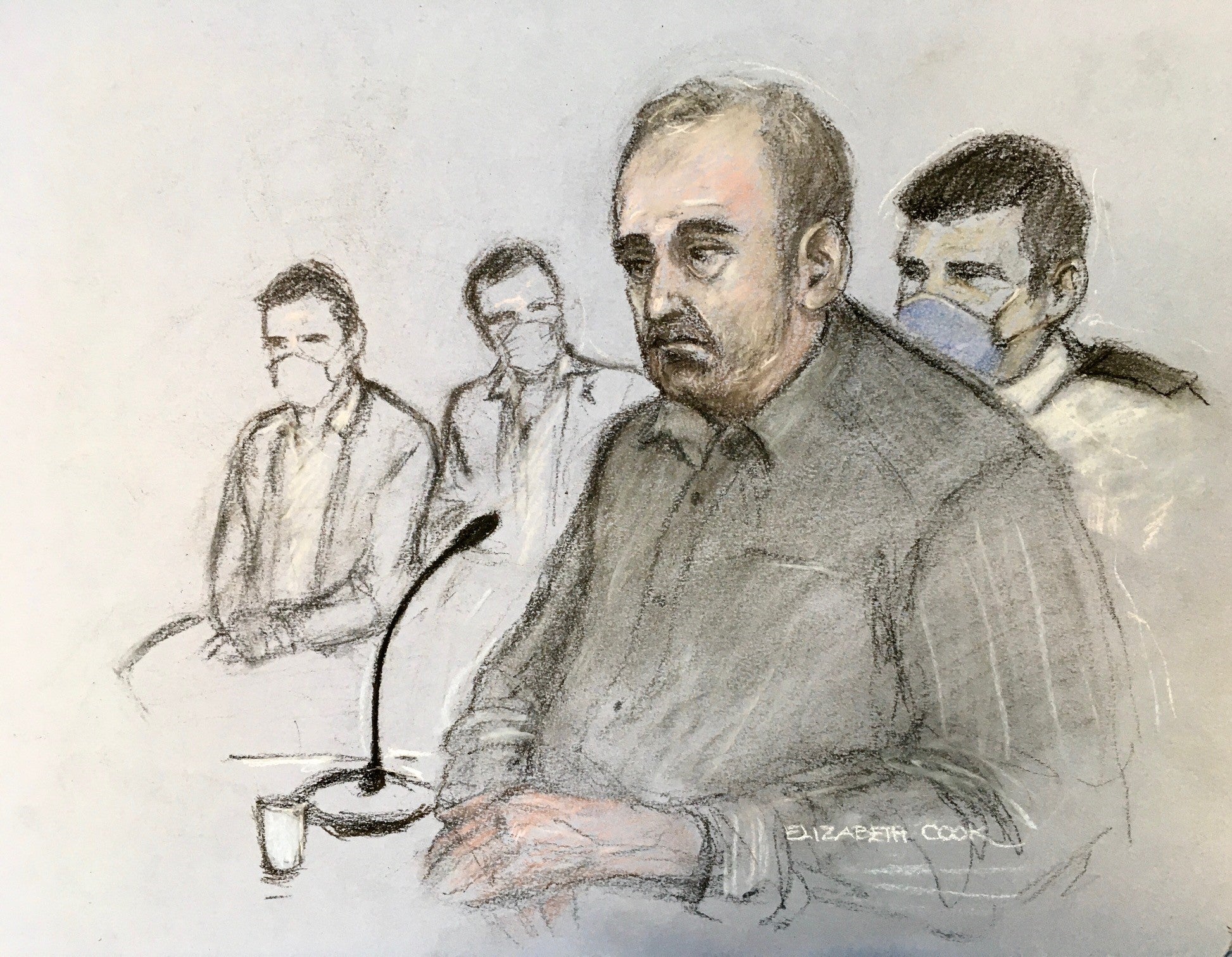 Court artist sketch of Ian Stewart giving evidence, watched by his two sons (left), at Huntingdon Crown Court (Elizabeth Cook/PA)