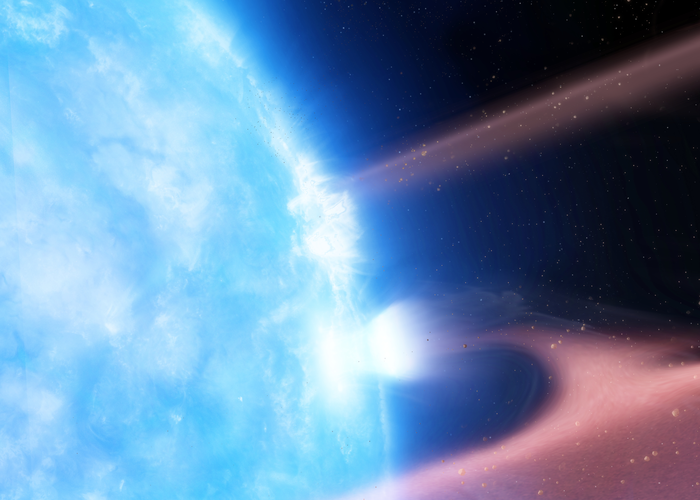 Artist’s impression of a white dwarf, G29—38, accreting planetary material from a circumstellar debris disk. When the planetary material hits the white dwarf surface, a plasma is formed and cools via detectable X-ray emission