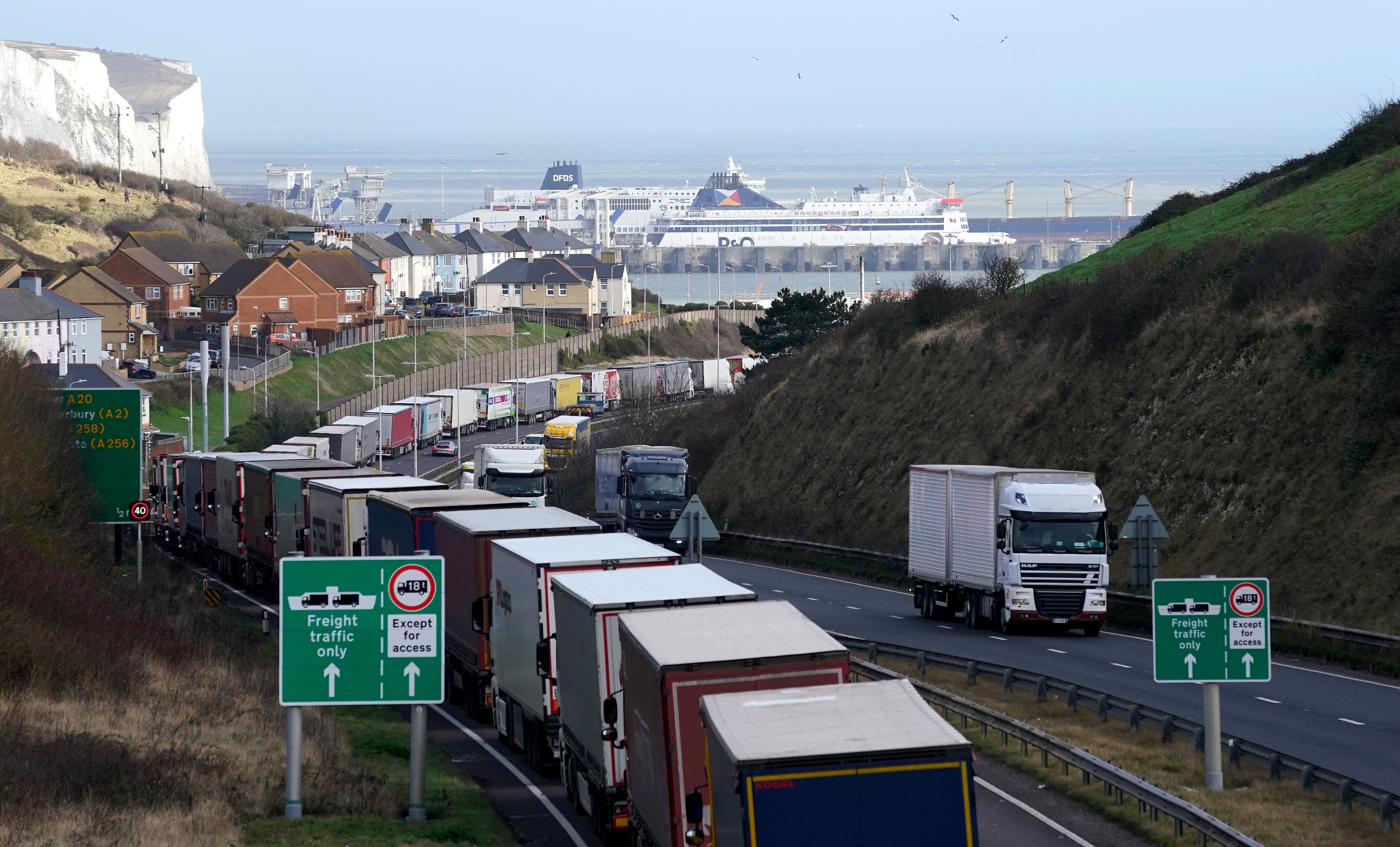 Lorries queue near the Port of Dover in Kent