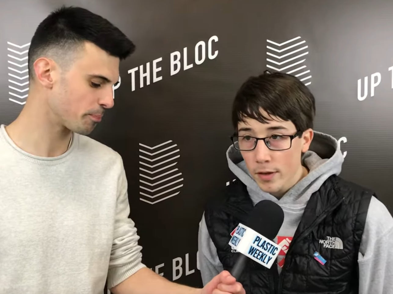 Alex Fritz, right, being interviewed at a Canadian competition in 2018