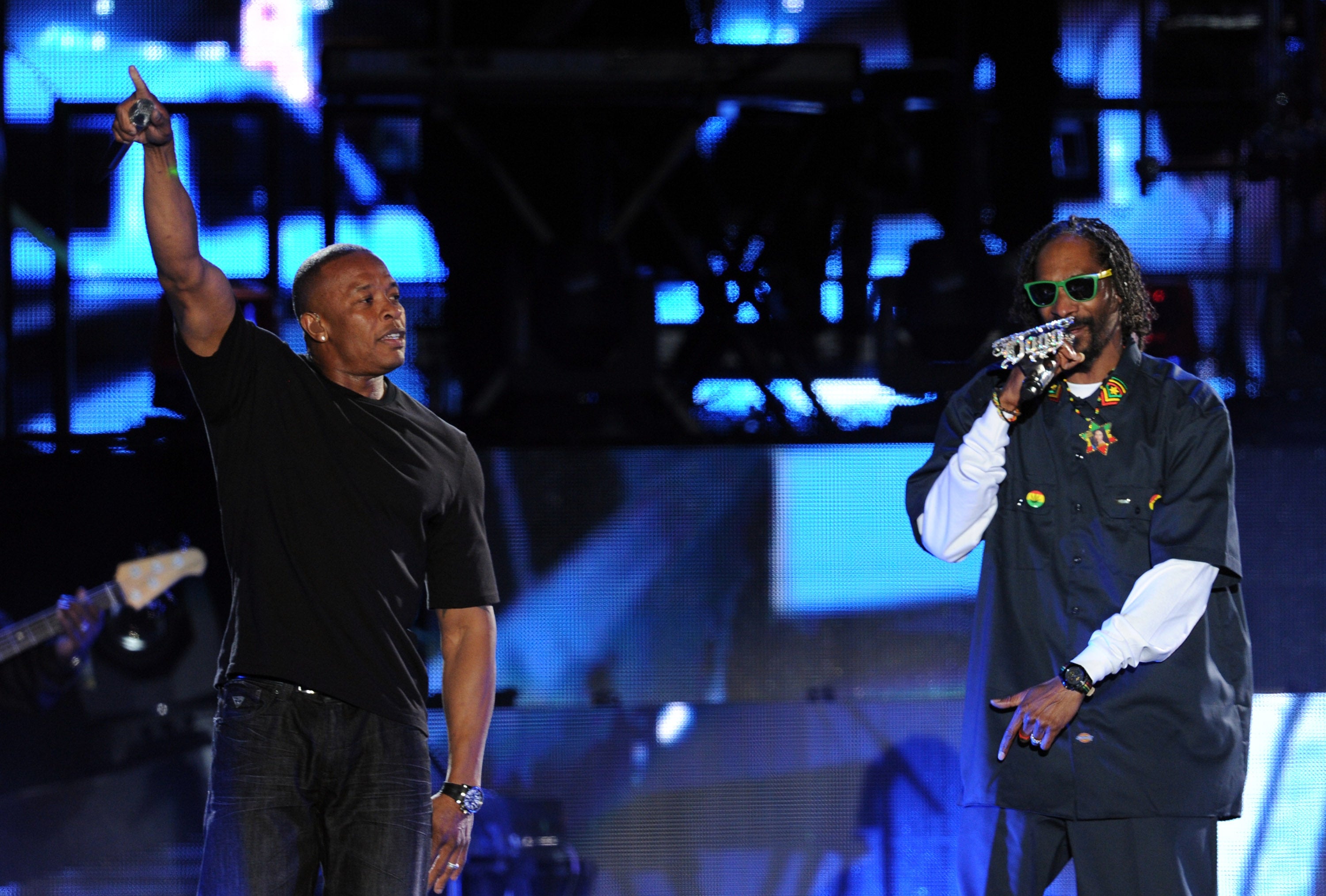 Dr Dre and Snoop Dogg perform on stage at the 2012 Coachella Valley Music and Arts Festival