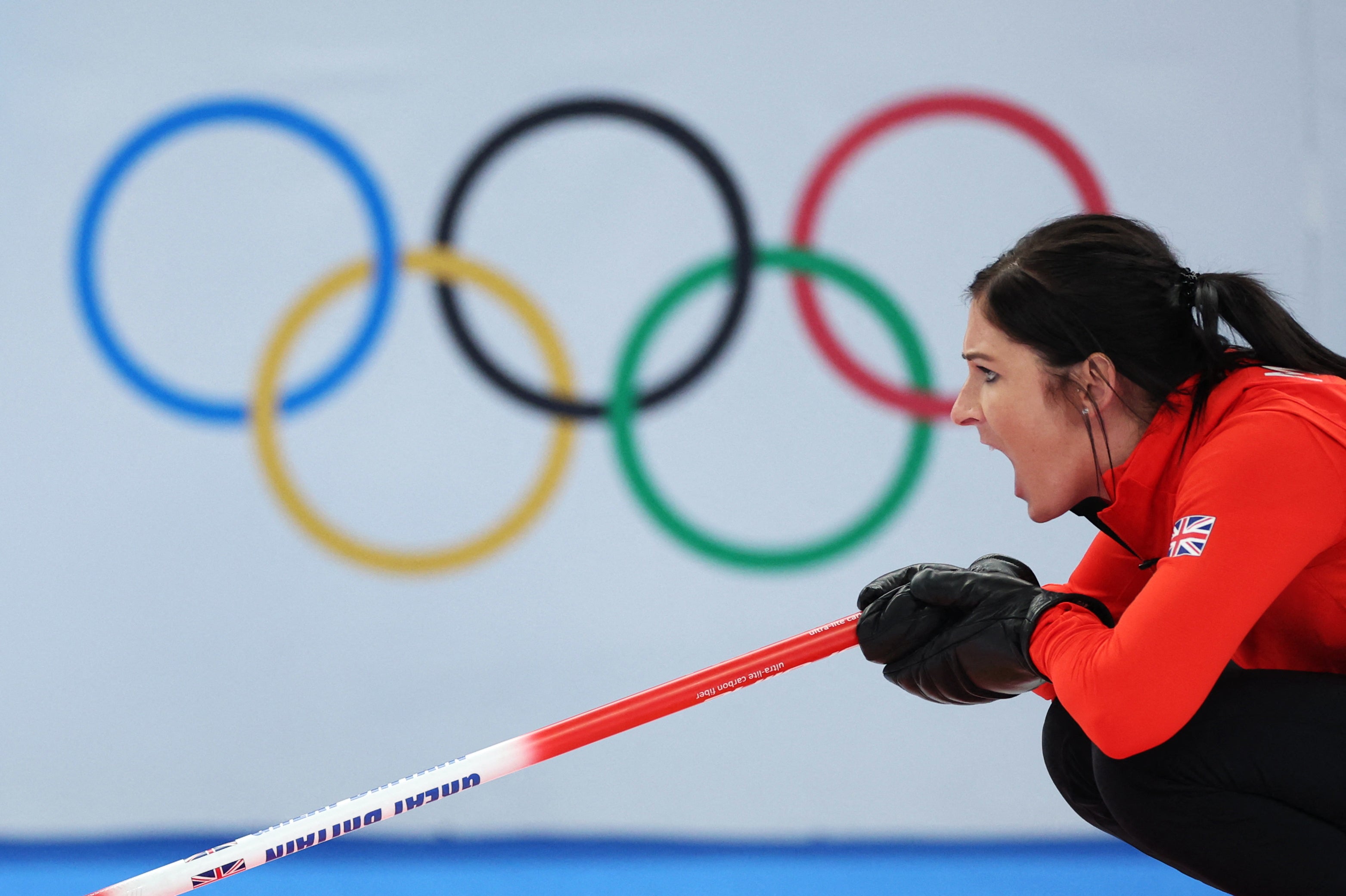 Eve Muirhead shouts during the match against Switzerland