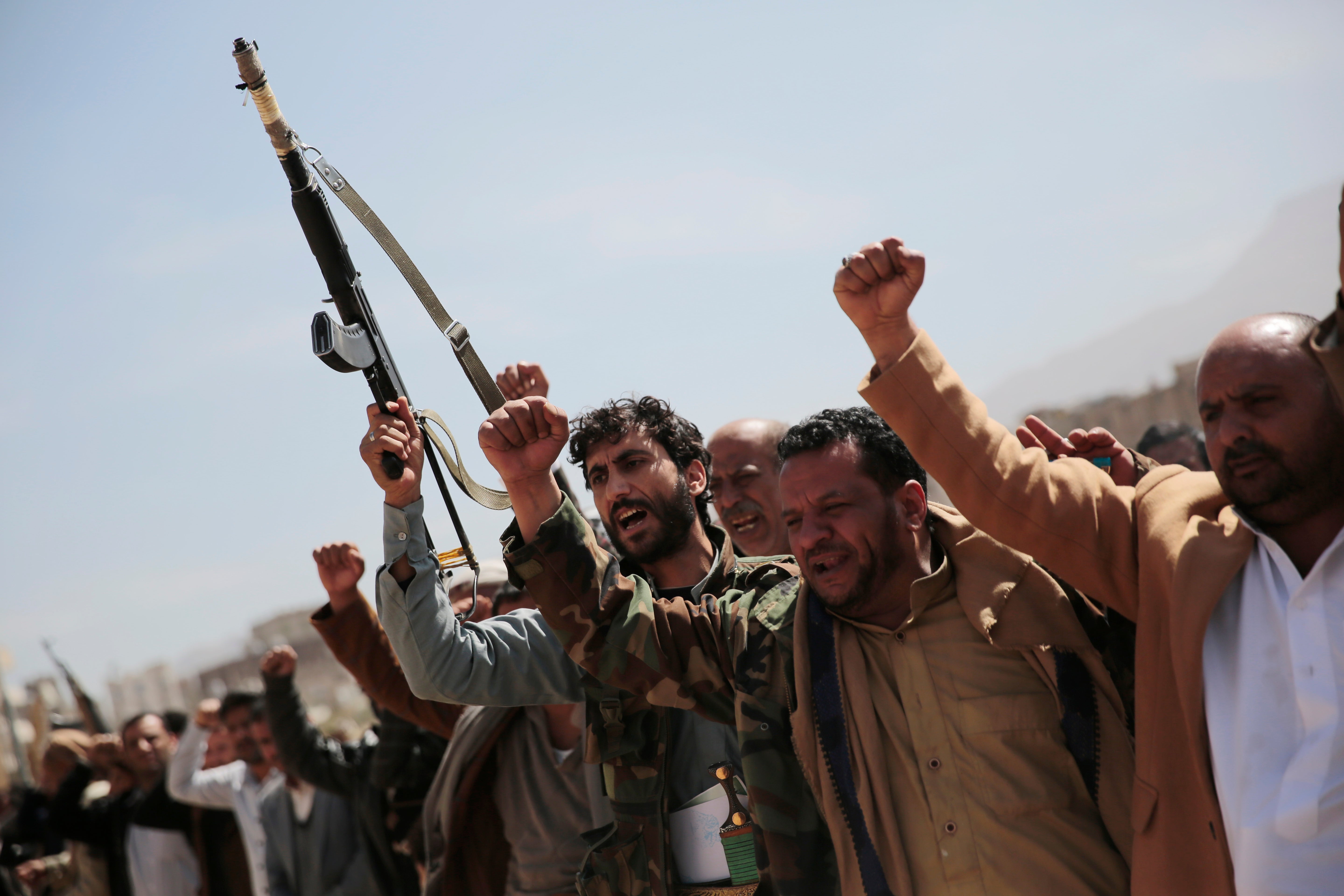 Armed Houthi fighters gathered in Sanaa, Yemen, 24 November 2021