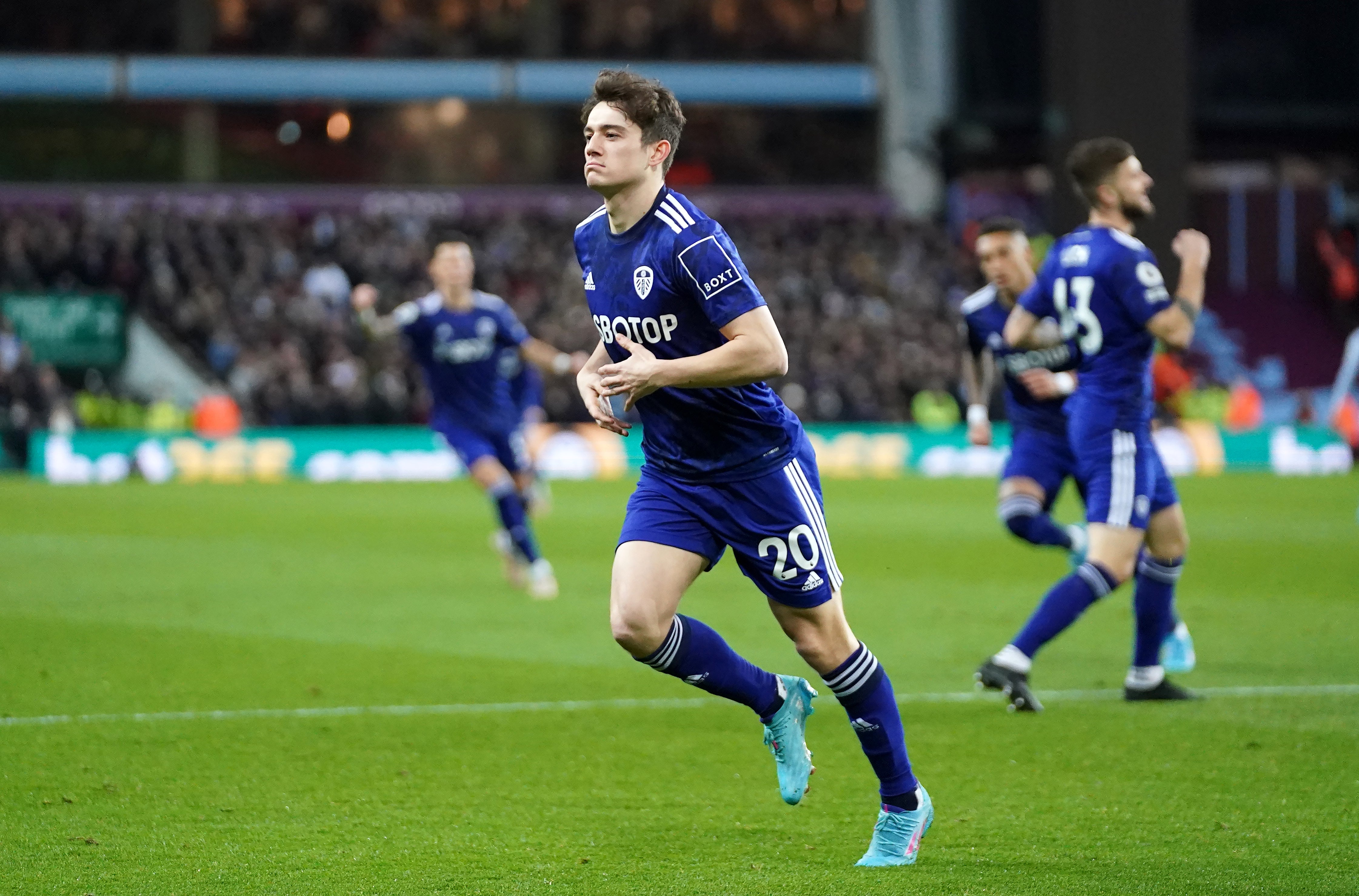 Leeds’ Daniel James celebrates the first of his goals at Aston Villa (Tim Goode/PA)