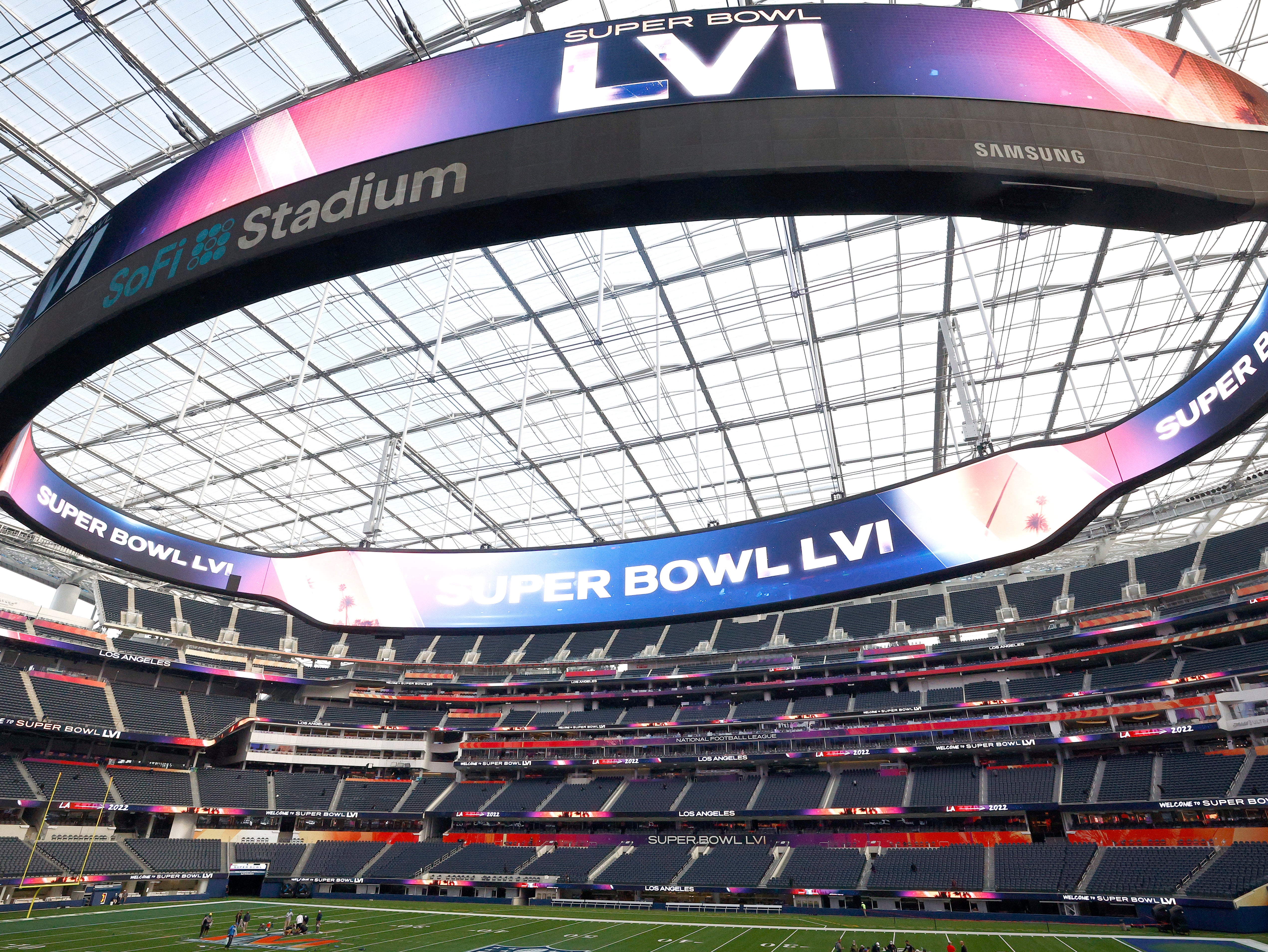 A view of SoFi Stadium as workers prepare for Super Bowl LVI