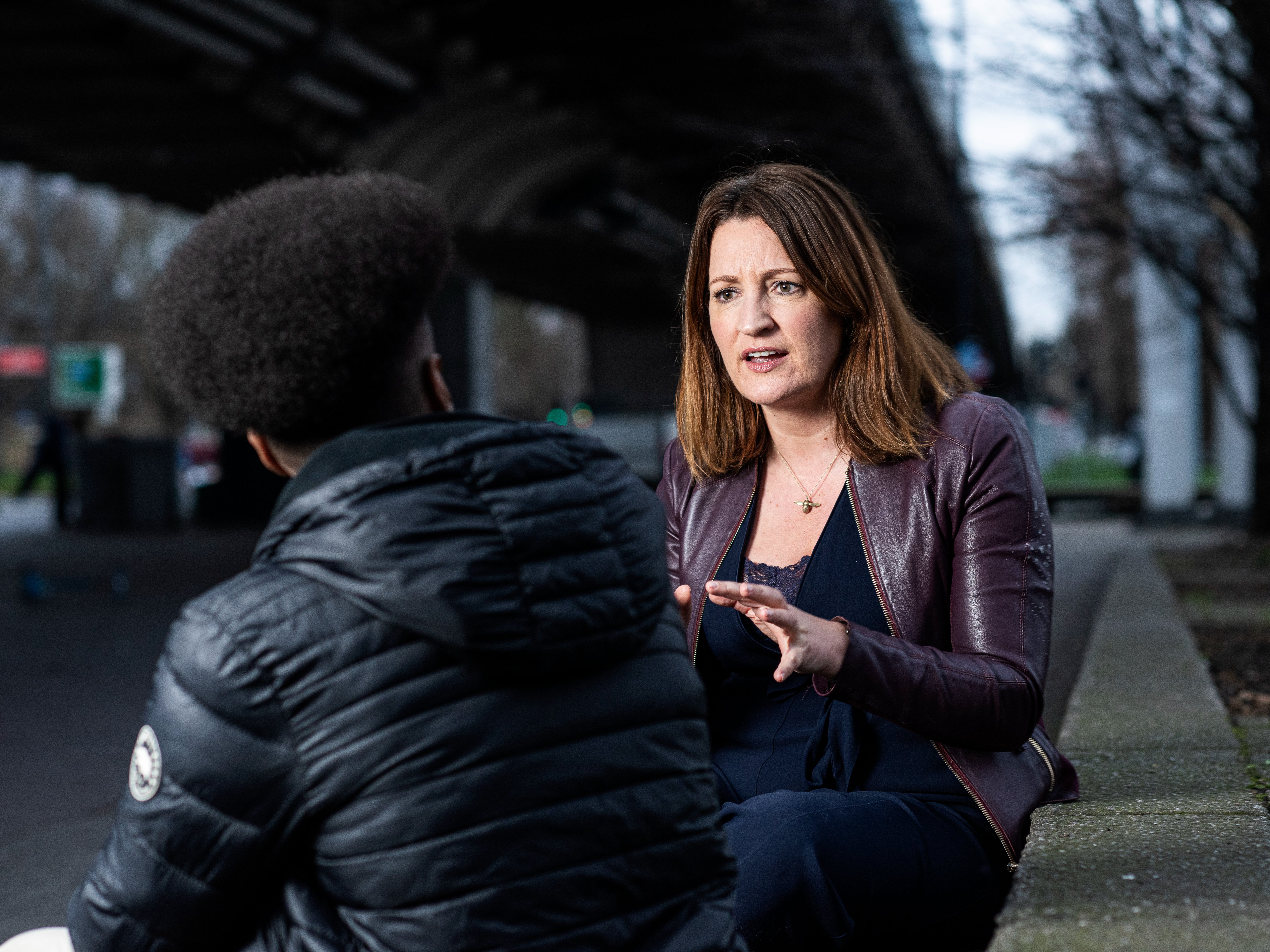 Jo Rice, chief executive and founder of Resurgo, pictured in conversation with a trainee near their west London offices