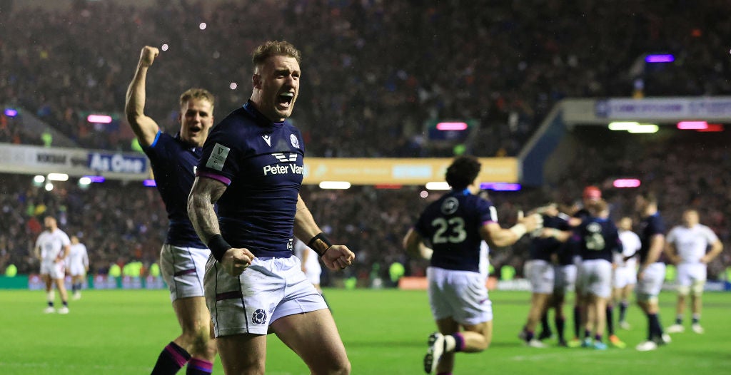 Captain Stuart Hogg celebrates Scotland’s Calcutta Cup win over England at Murrayfield last weekend