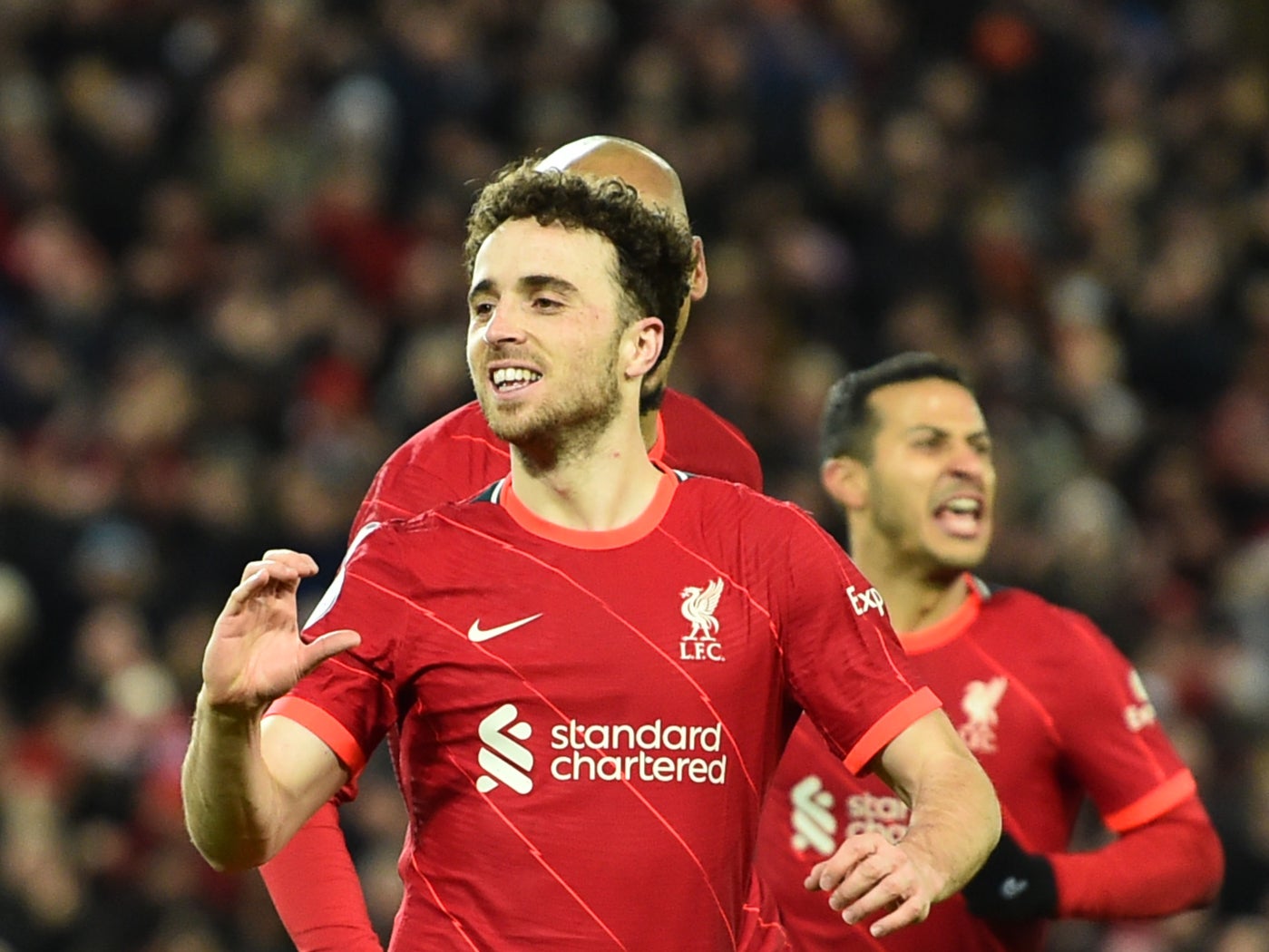 Diogo Jota celebrates scoring Liverpool’s opener