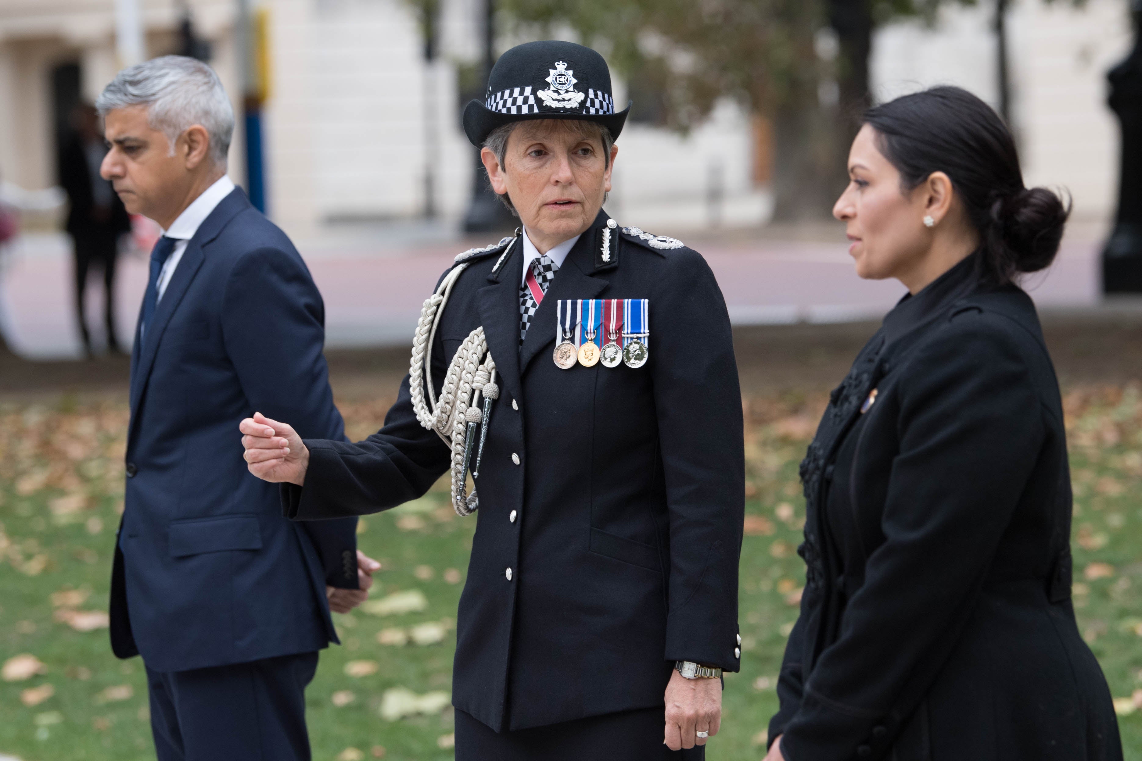 Dame Cressida Dick with the home secretary Priti Patel and Sadiq Khan, mayor of London