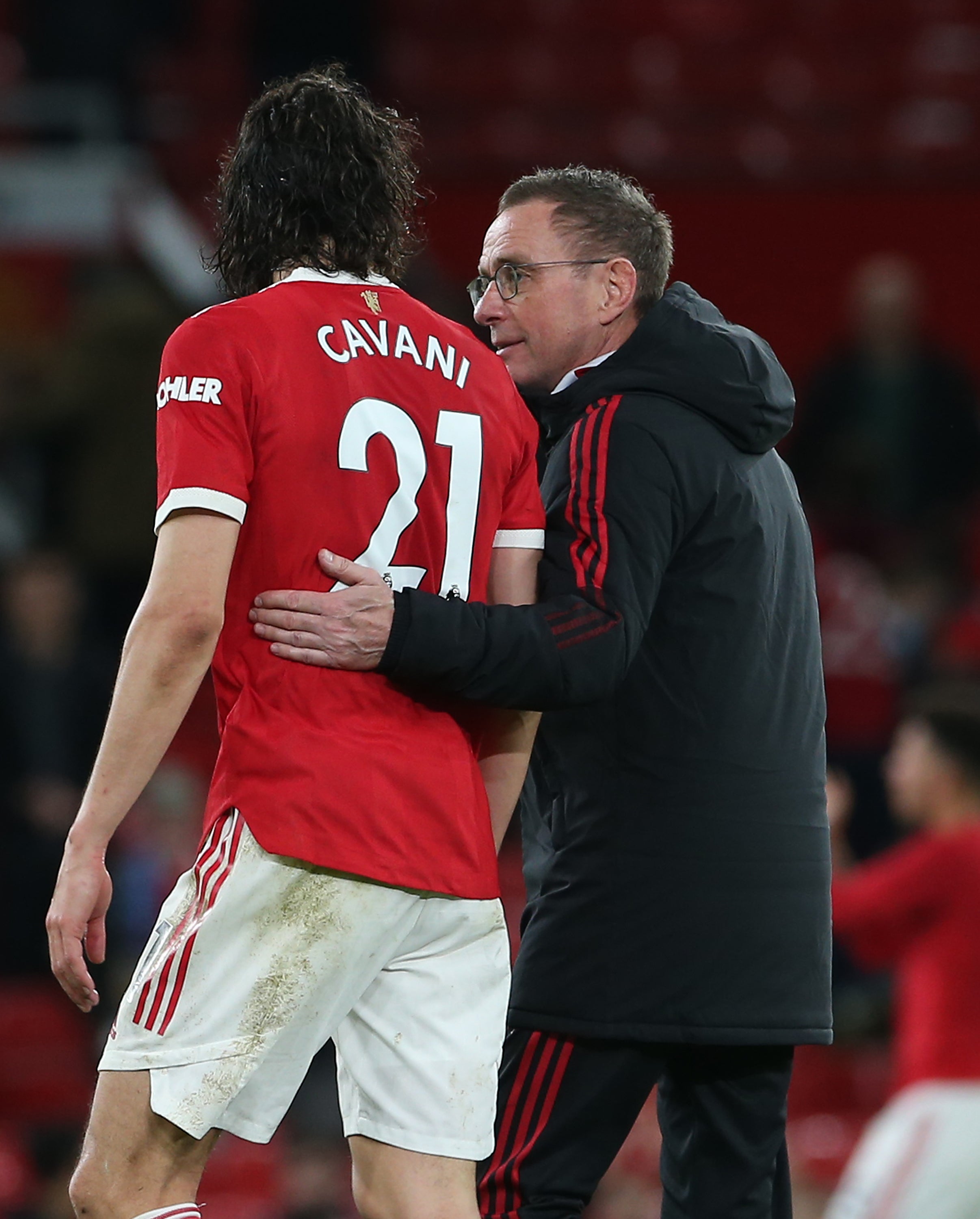 Manchester United forward Edinson Cavani and manager Ralf Rangnick