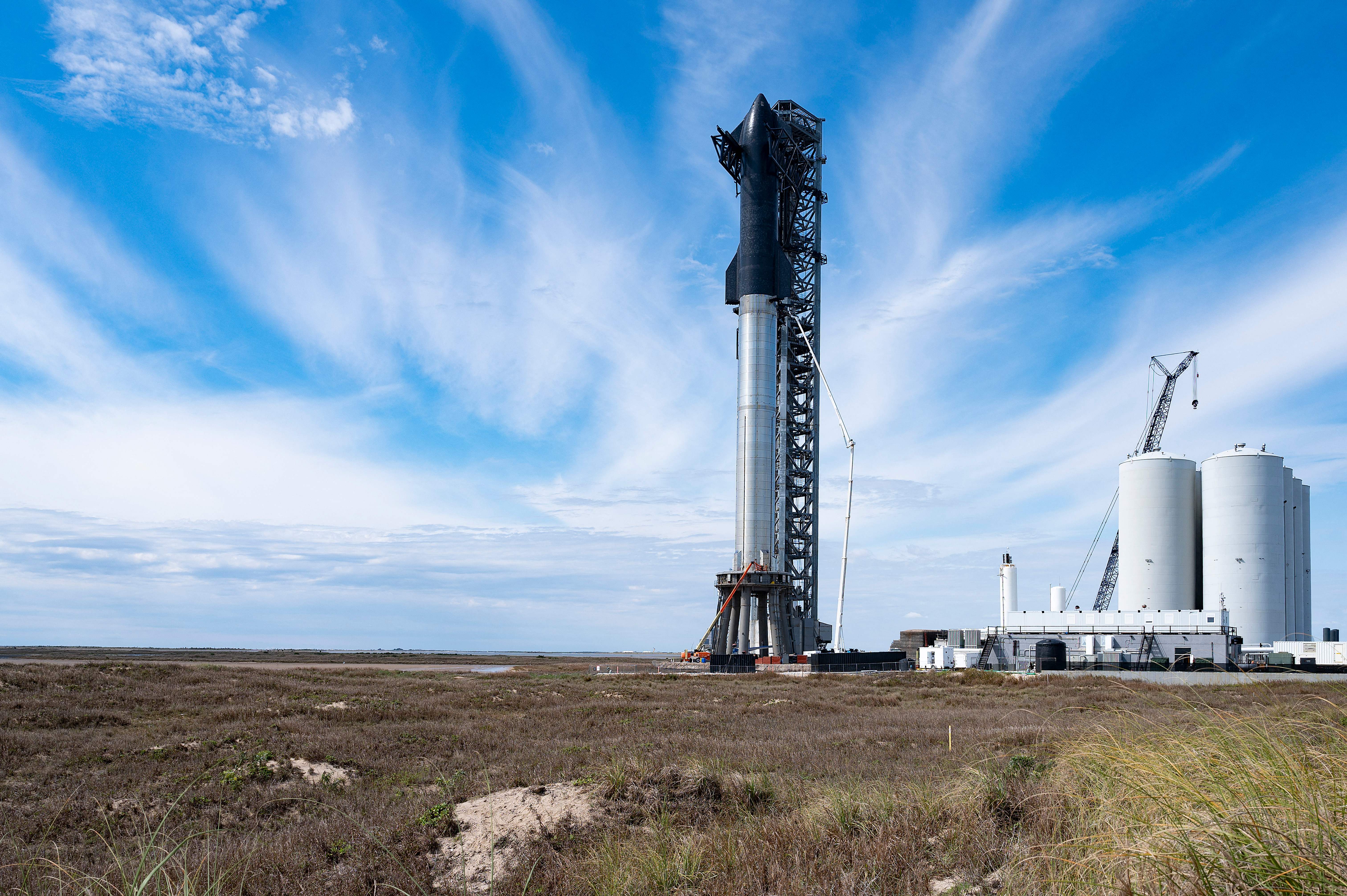 The fully stacked SpaceX Starship and Super Heavy booster at Starbase in Boca Chica, Texas.