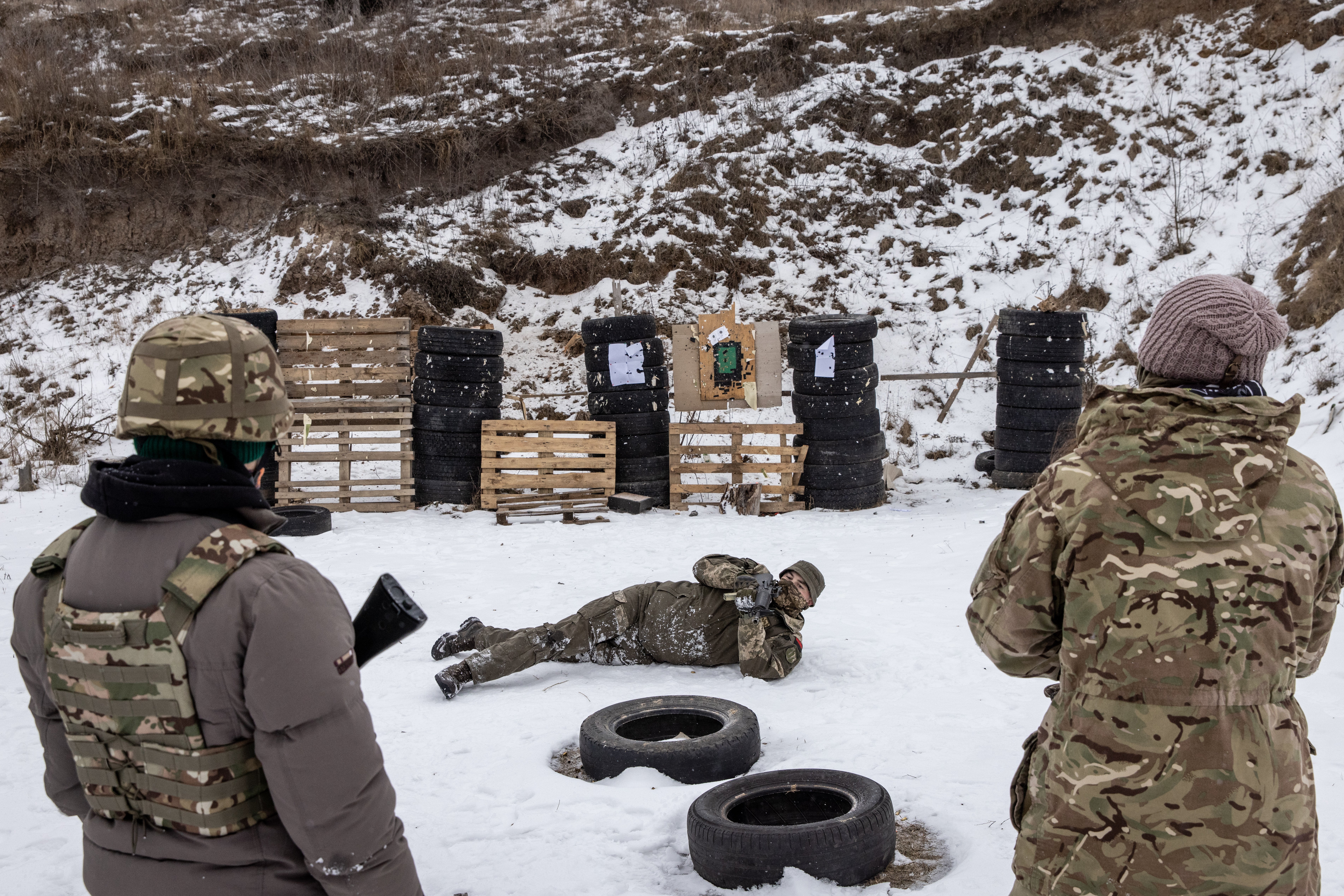 Civilians participate in a Territorial Defence unit training session on February 05, 2022 in Obukhiv, Ukraine