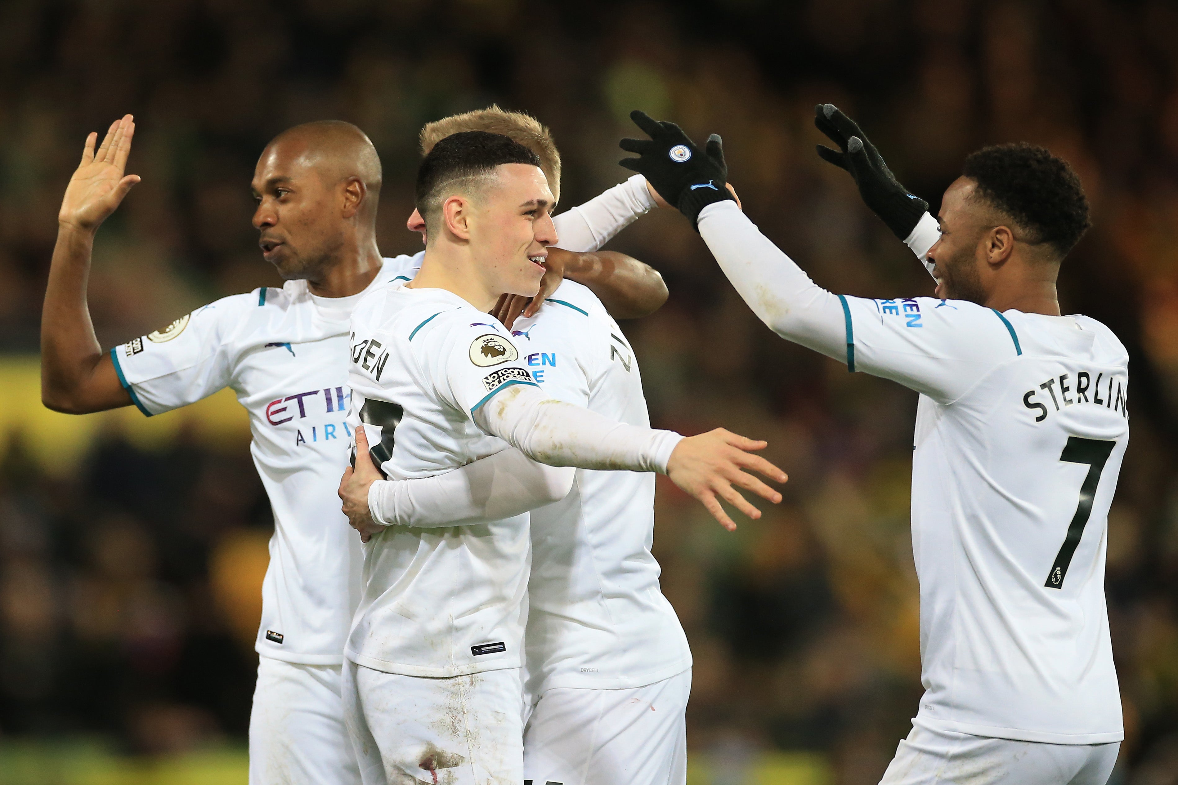 Phil Foden double City’s lead at Carrow Road before Sterling added two more