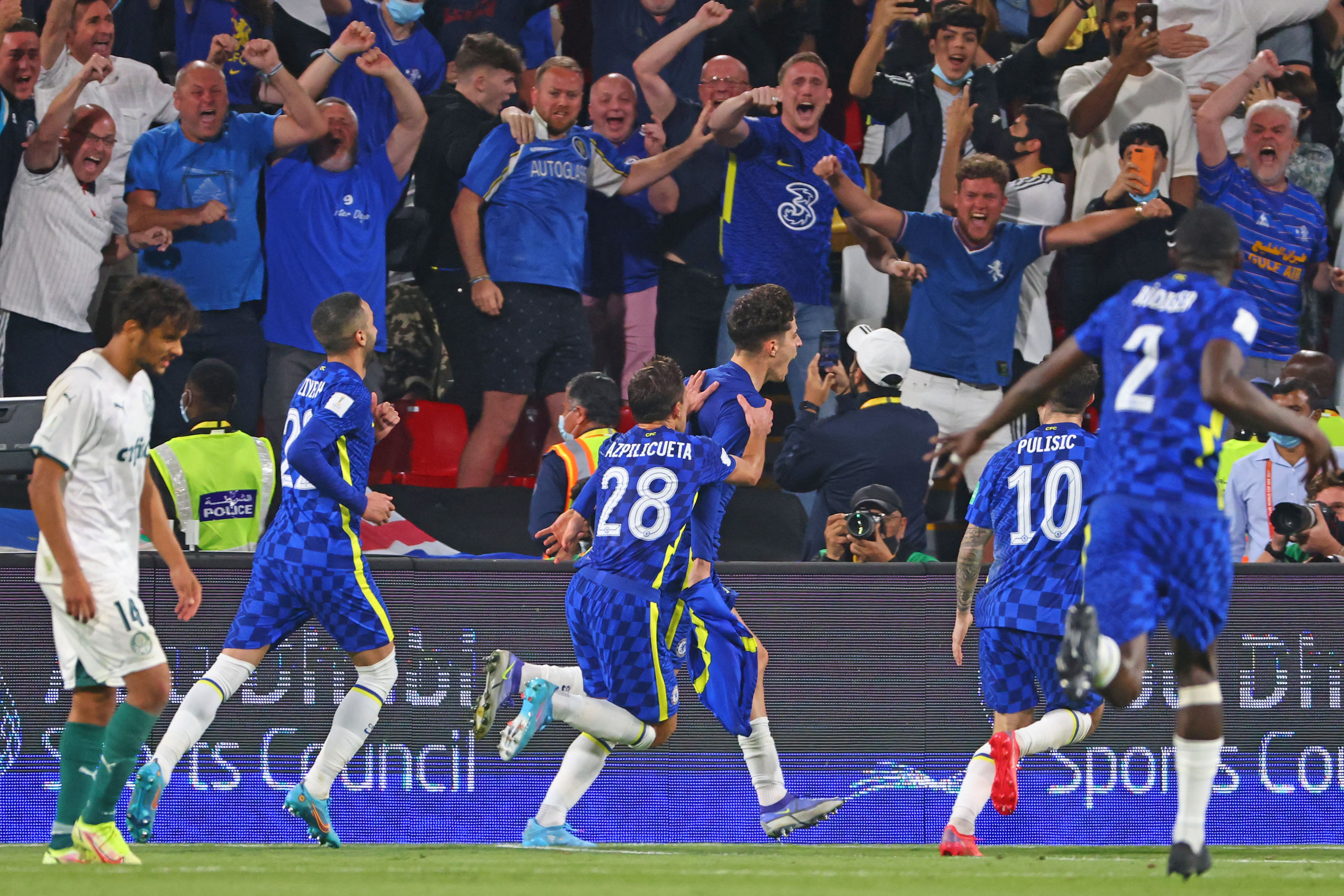 Kai Havertz celebrates scoring another winning goal for Chelsea in a major final