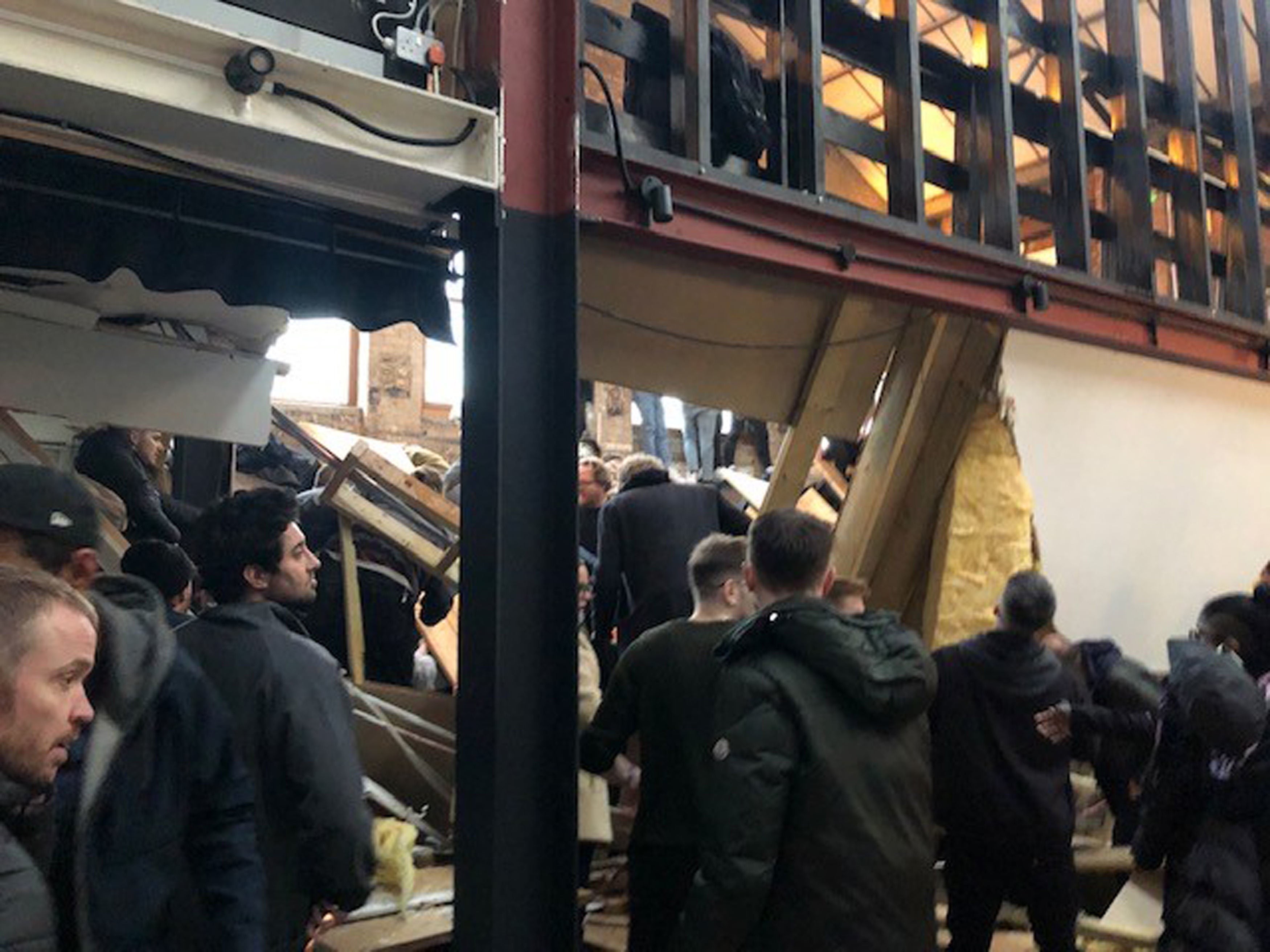 The scene at the Two More Years bar at Fish Island in east London’s Hackney Wick after a mezzanine floor collapsed