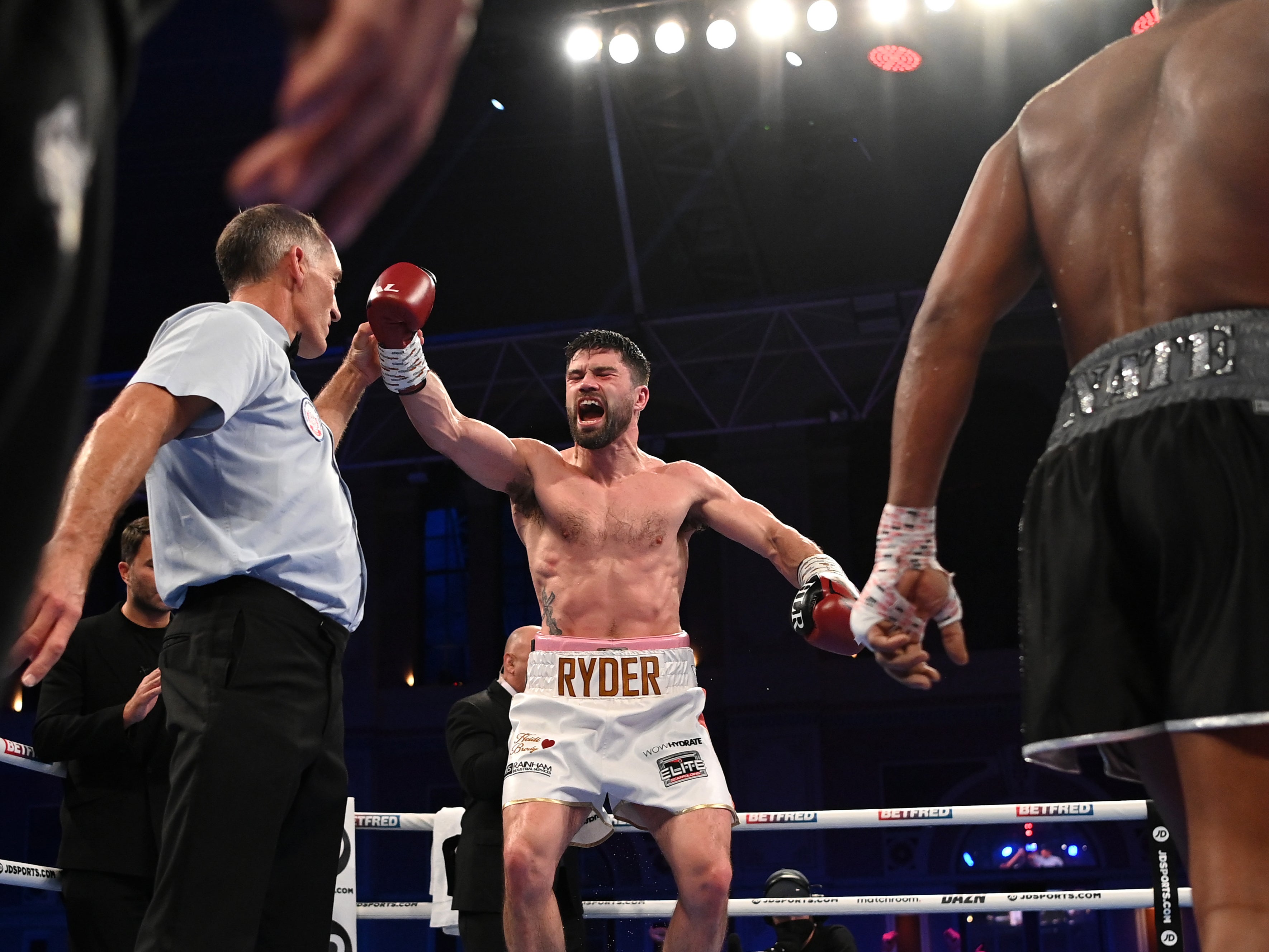 John Ryder celebrates his victory over Daniel Jacobs