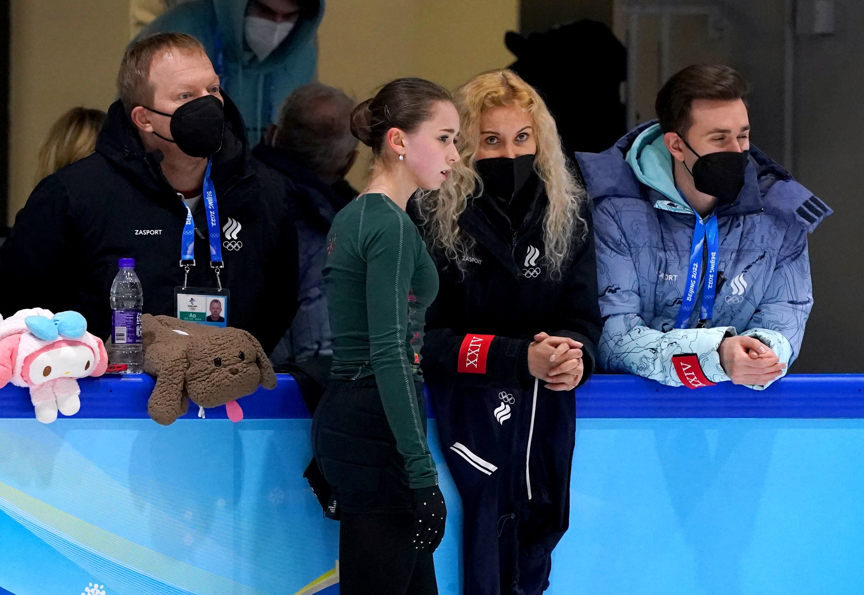 ROC's Kamila Valieva speaks to her coach Eteri Tutberidze during a training session