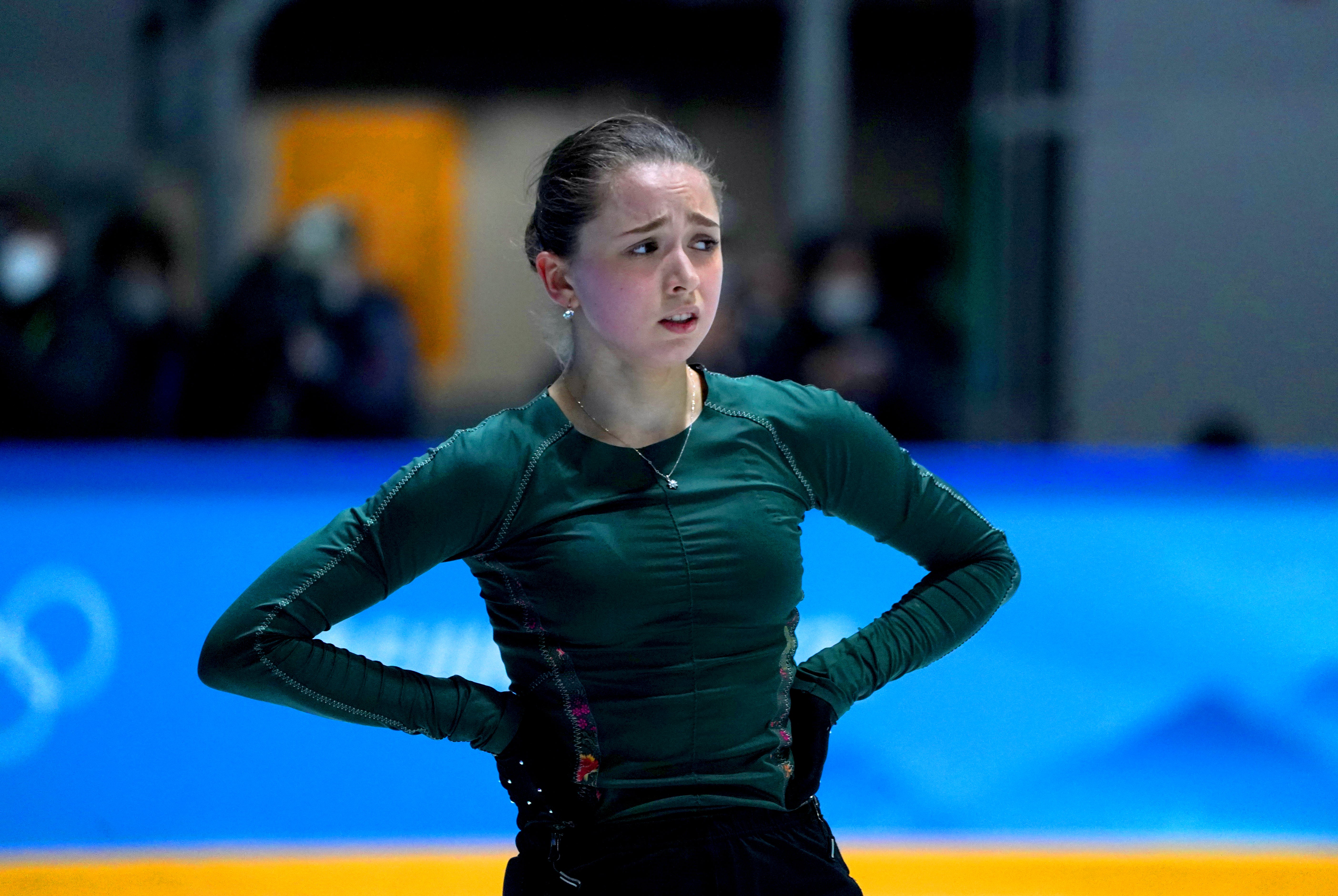 ROC’s Kamila Valieva during a training session on day nine of the Beijing 2022 Winter Olympic Games (Andrew Milligan/PA)