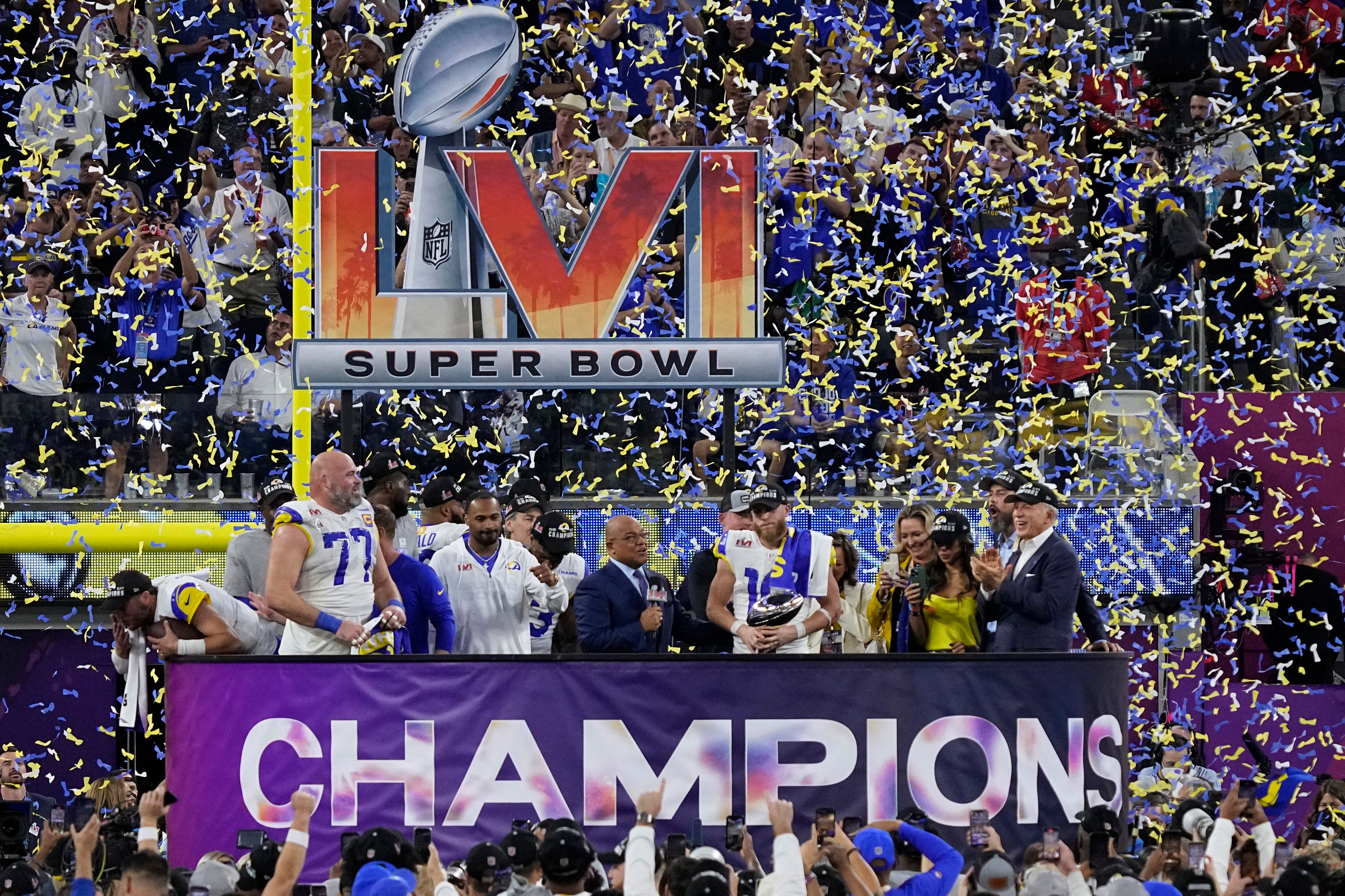 The Los Angeles Rams celebrate winning Super Bowl LVI