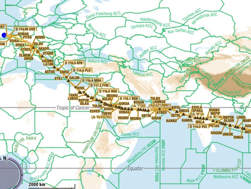 Going south: flight plan of a British Airways cargo flight from London to Bangkok, passing well south of Ukraine