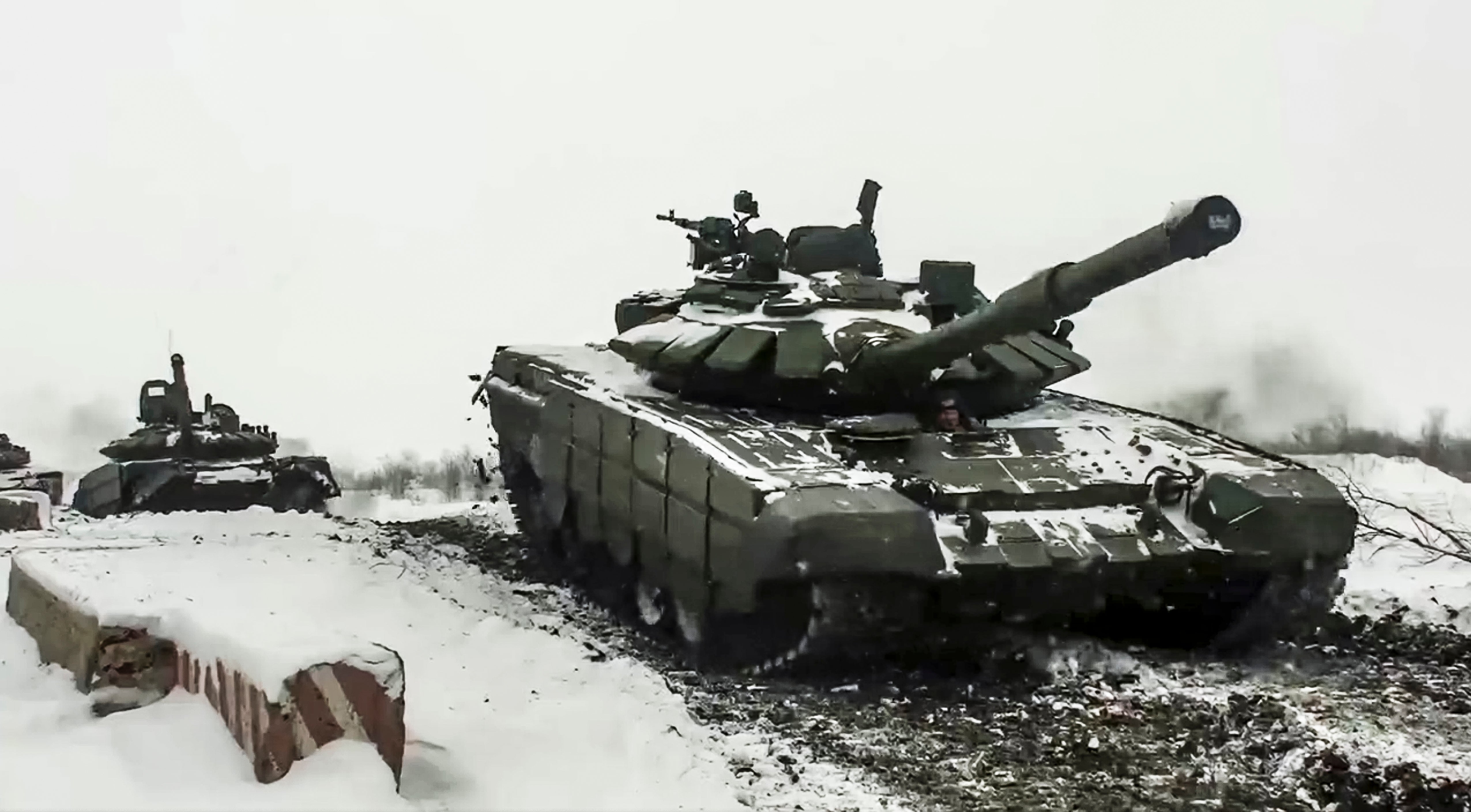 A Russian tanks roll during a military exercising at a training ground in Rostov region, Russia