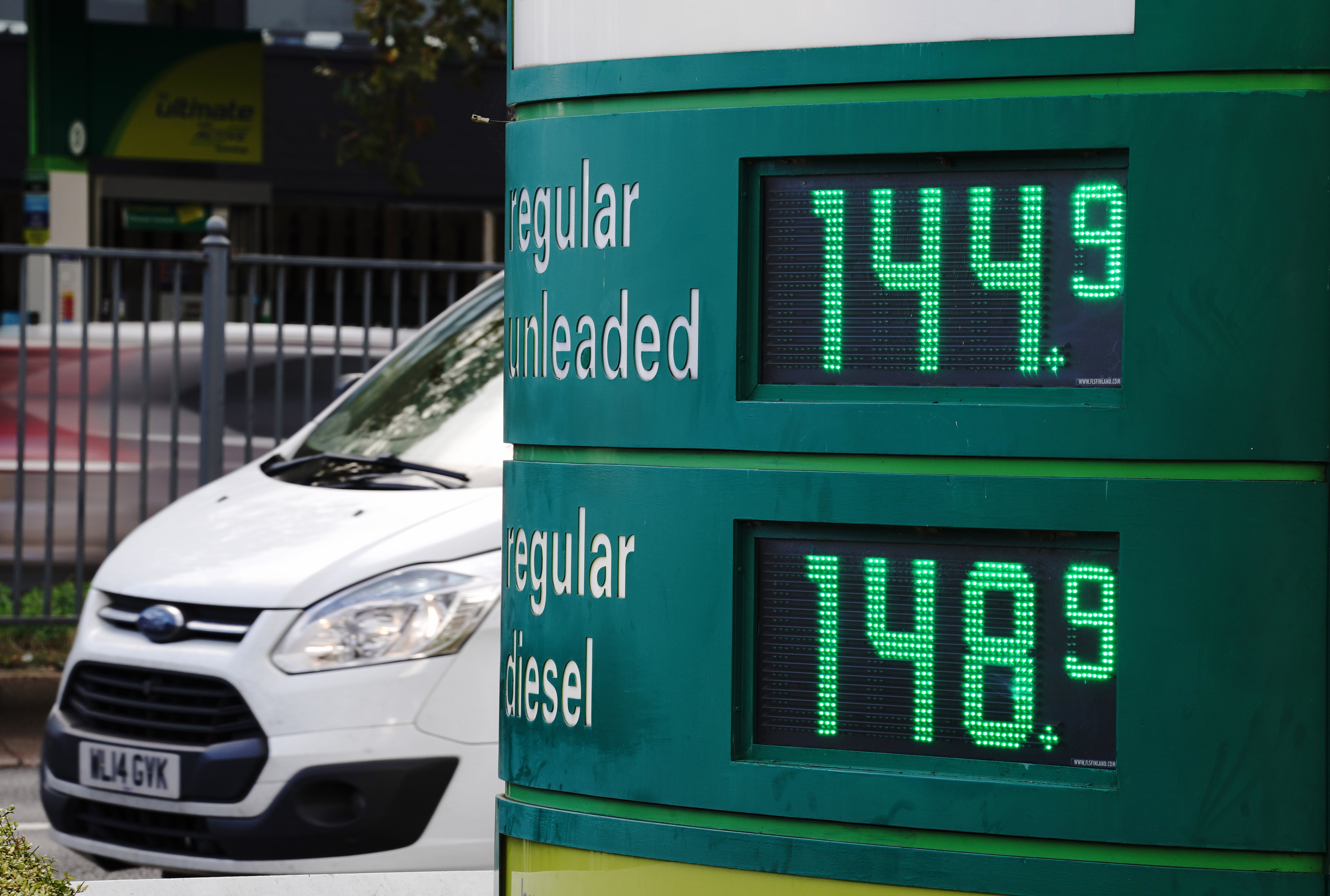 Prices on a forecourt at the M&S BP petrol station in Chiswick, greater London. Prices at the petrol pumps reached an all-time high on Sunday (Jonathan Brady/PA)