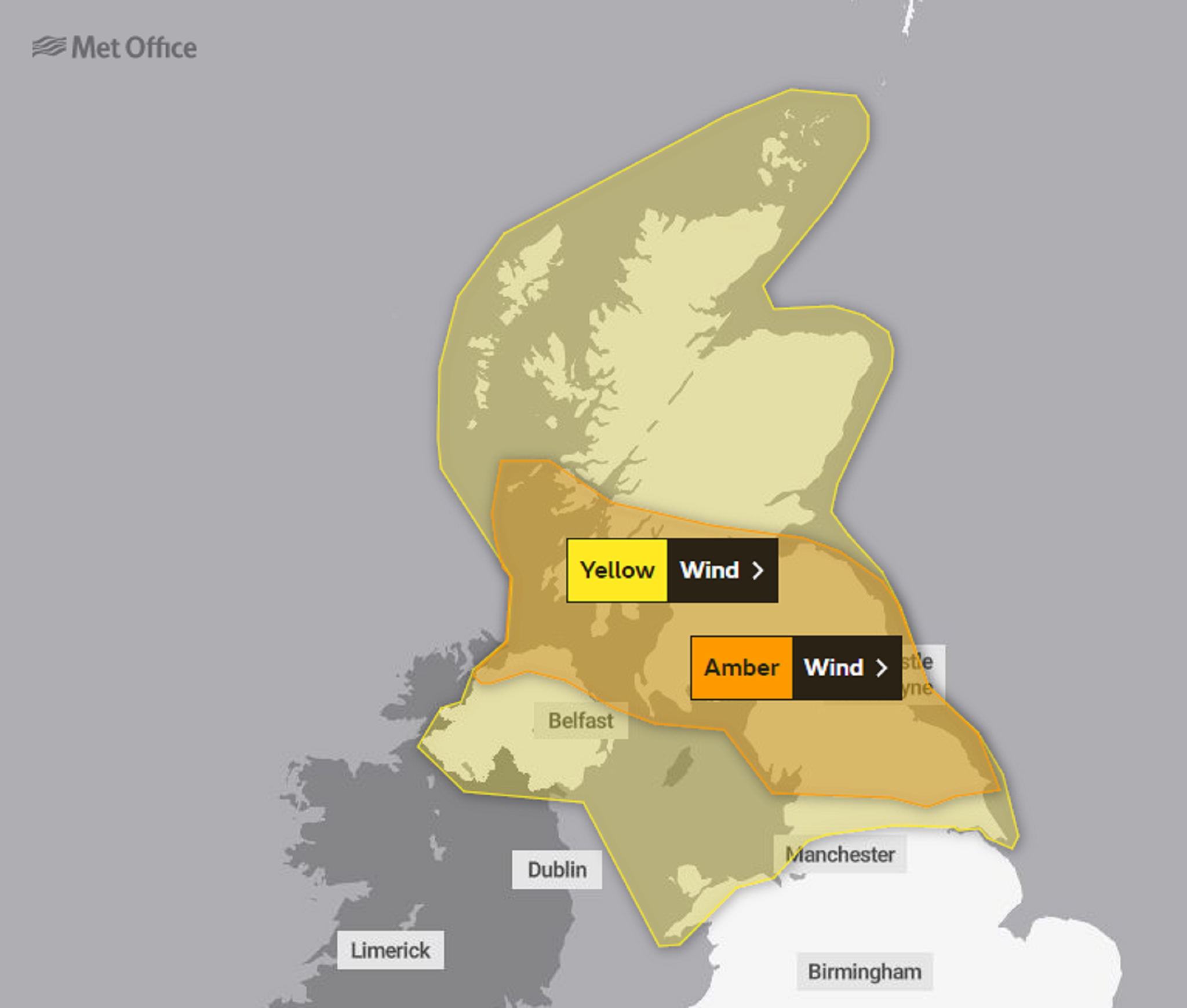 The Met Office has issued yellow and amber weather warnings for wind as Storm Dudley is set to hit the UK