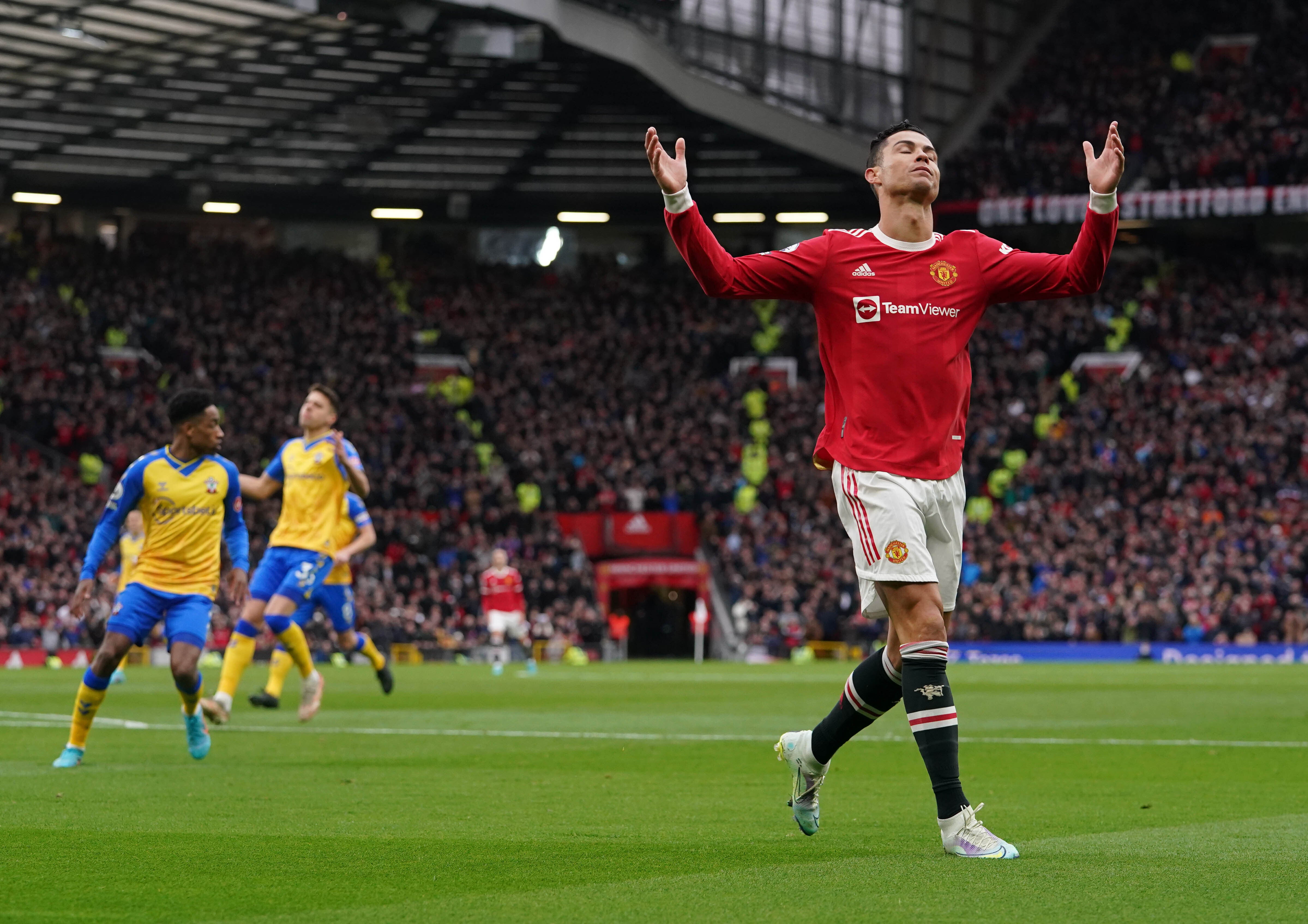 Cristiano Ronaldo reacts to his first-half miss against Southampton (Martin Rickett/PA)