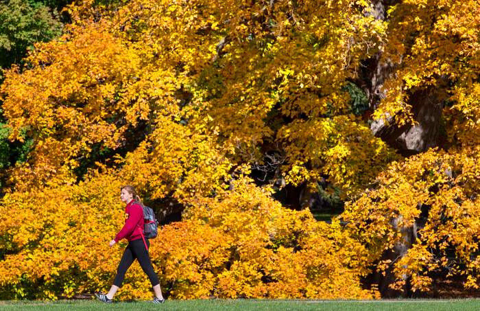 File: Student walks across ISU’s central campus in Ames, Iowa