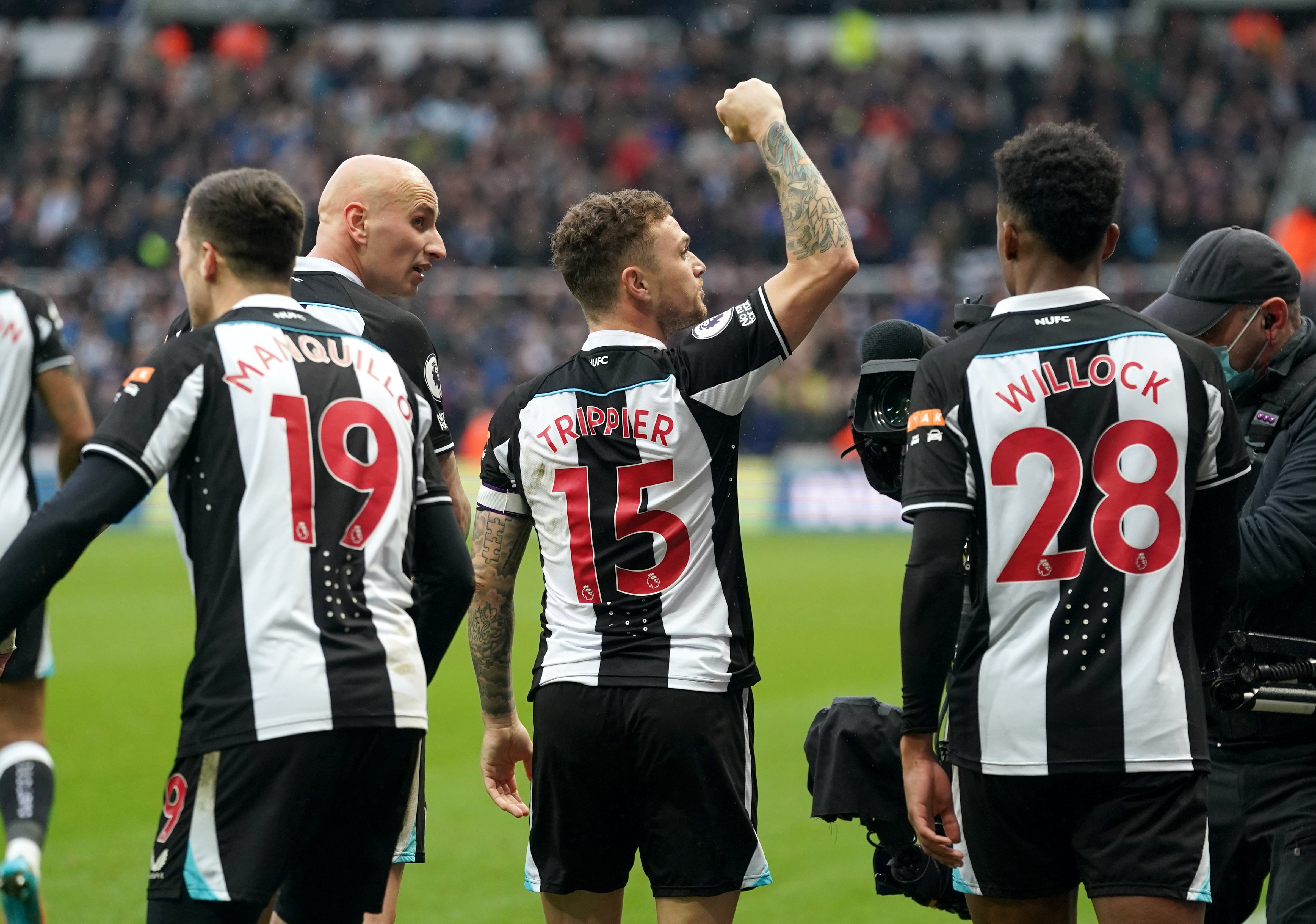 Kieran Trippier celebrates his second Newcastle goal, a winner against Aston Villa (Owen Humphreys/PA)