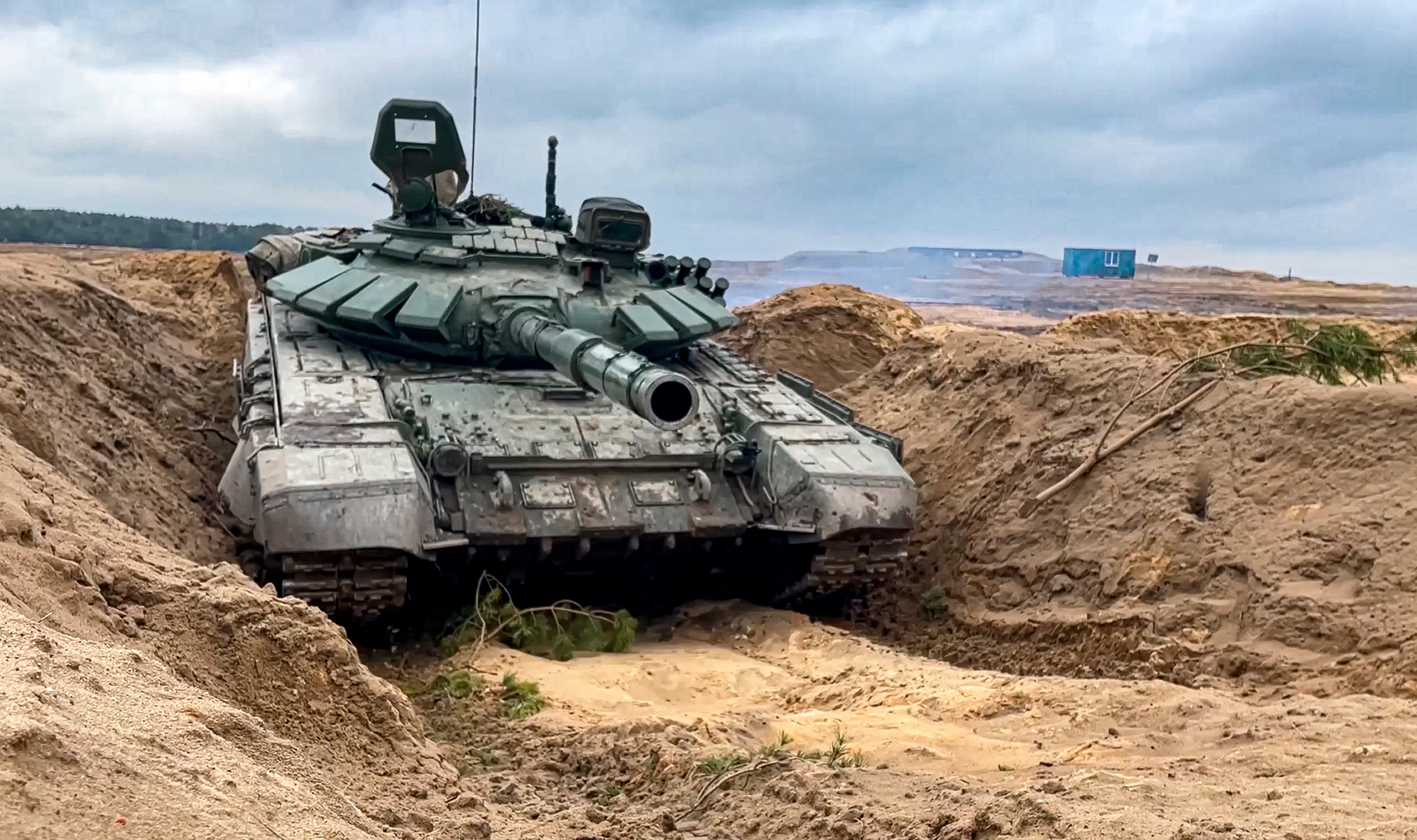 A tank at the training ground during the Union Courage-2022 Russia-Belarus military drills in Belarus