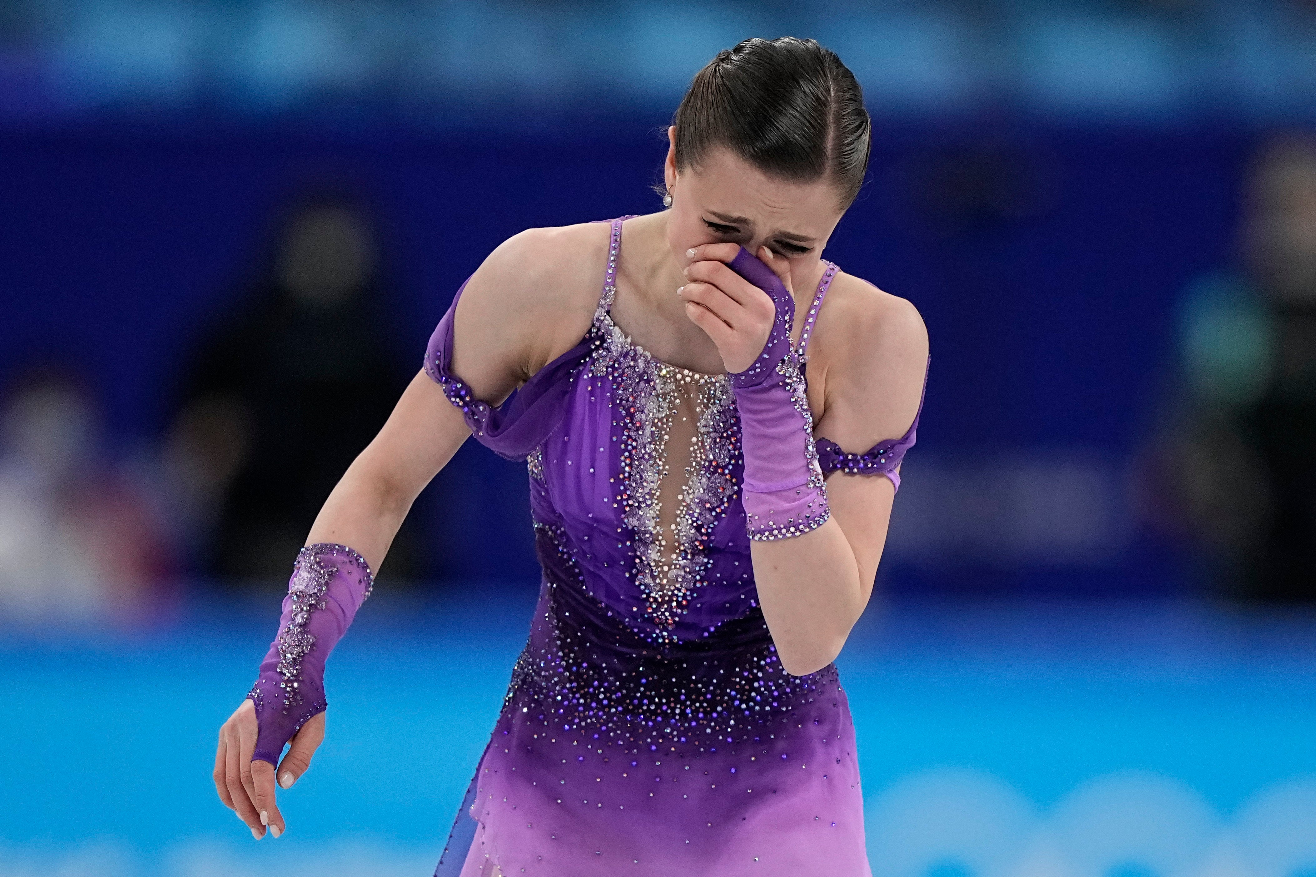 Kamila Valieva, of the Russian Olympic Committee, reacts in the women’s short program during the figure skating