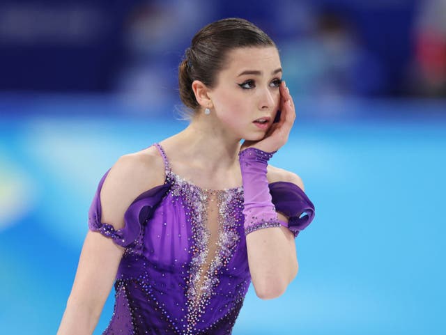 <p>Kamila Valieva holds back tears on her return to the ice</p>