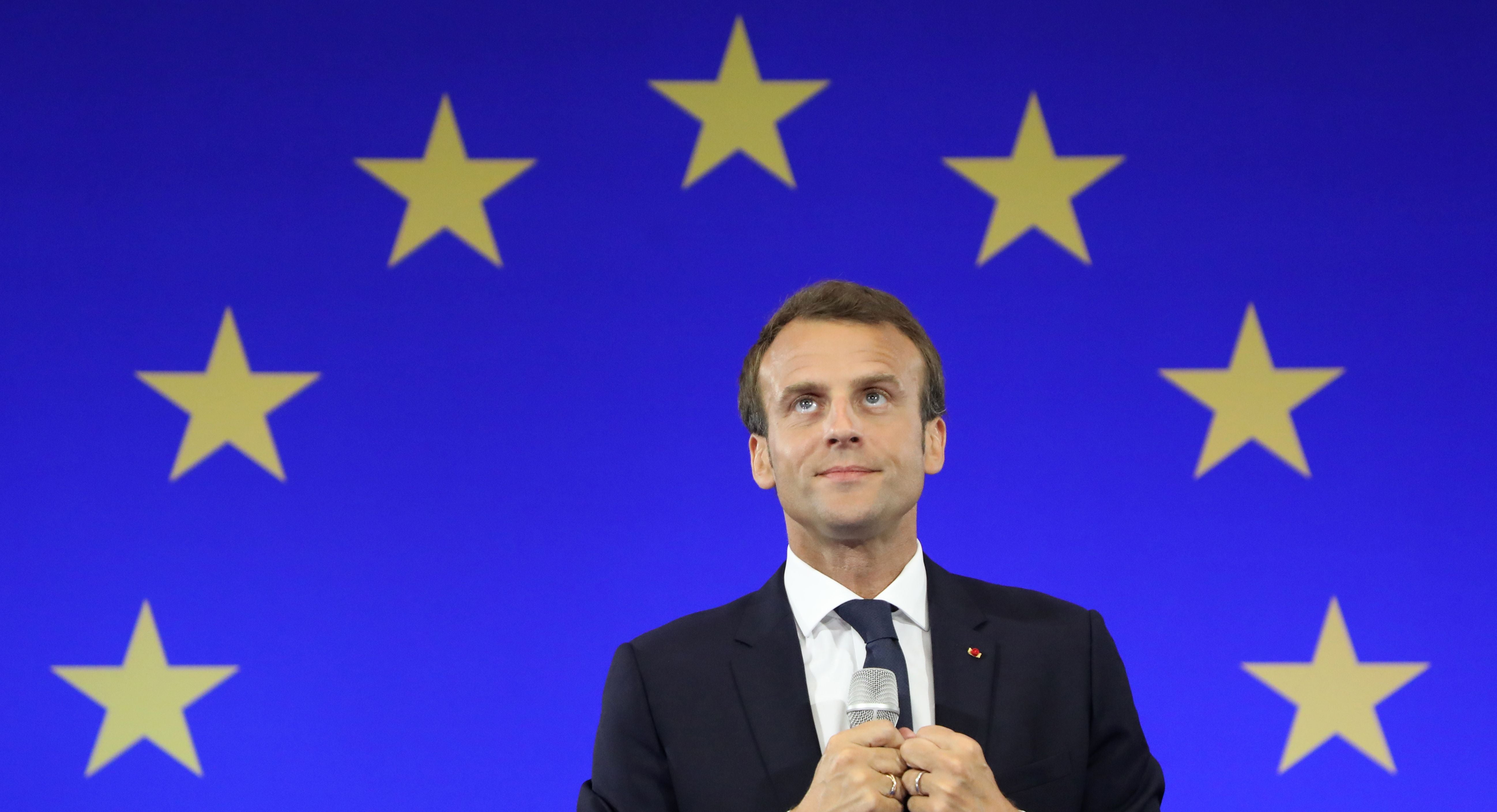 Macron addresses students at the North Rhine-Westphalia university in Aachen, Germany, in 2018