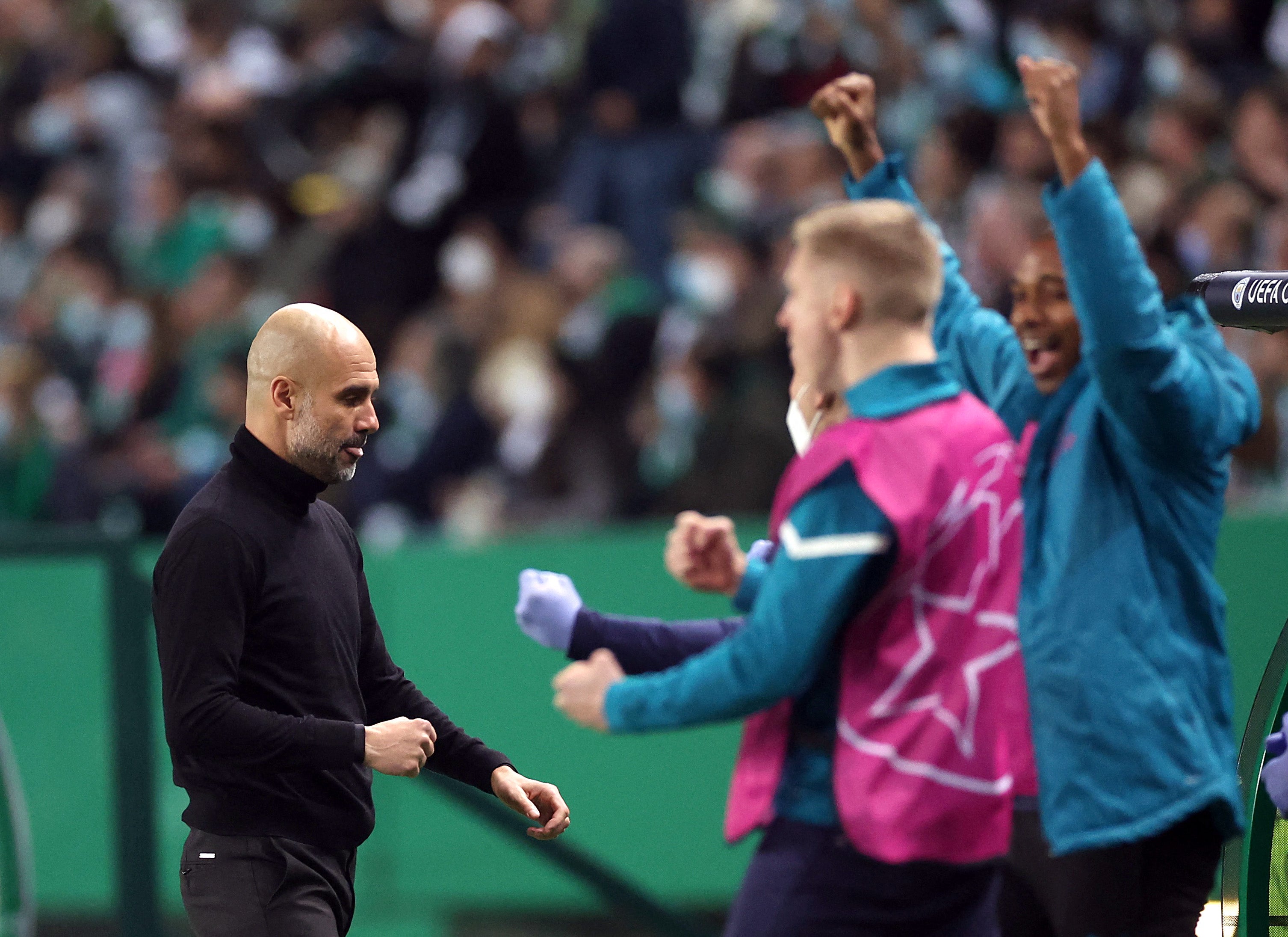 Manchester City manager Pep Guardiola reacts after Phil Foden scores