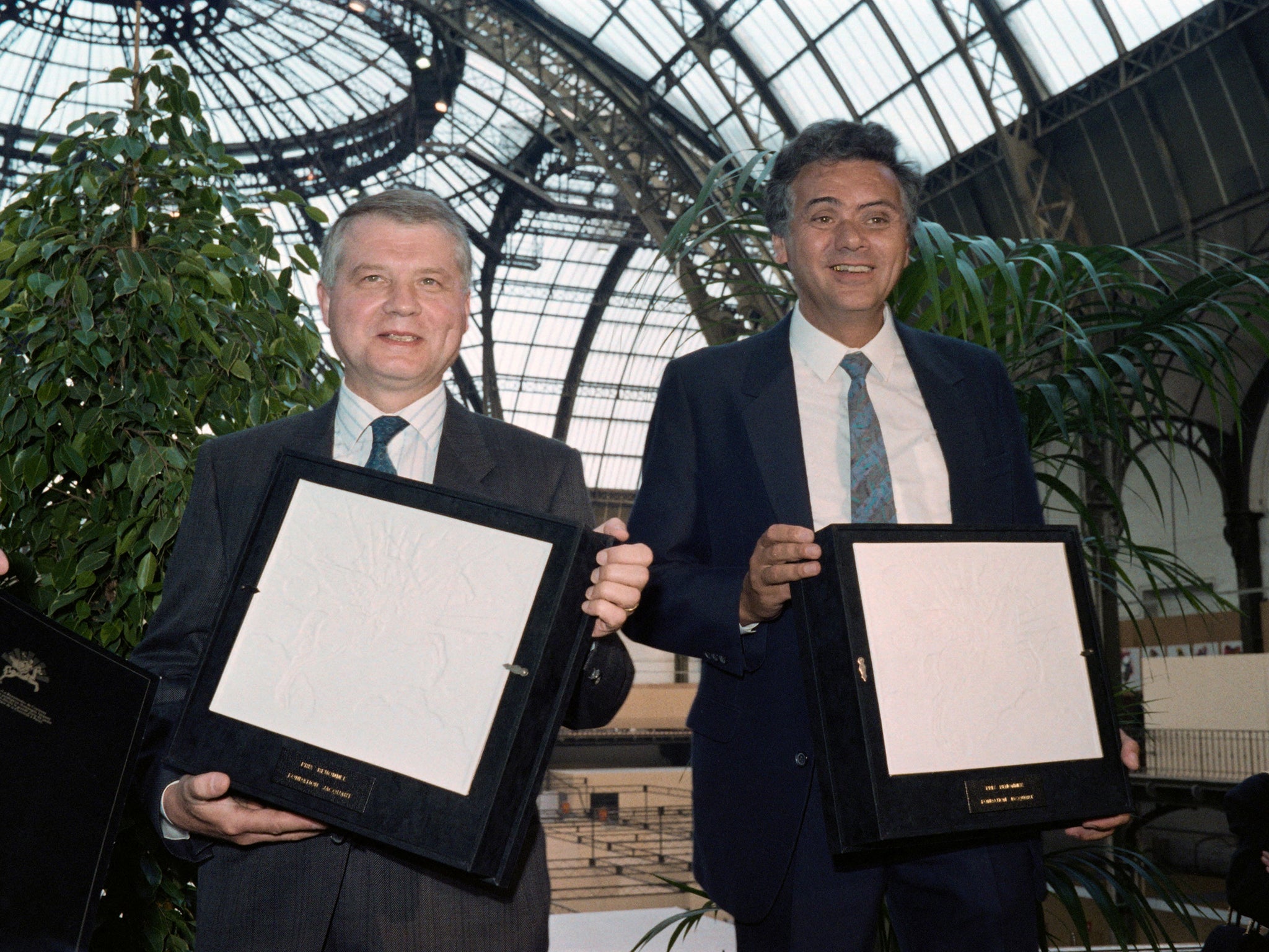 Montagnier and Chermann after receiving an award at the Grand Palais in Paris in 1987