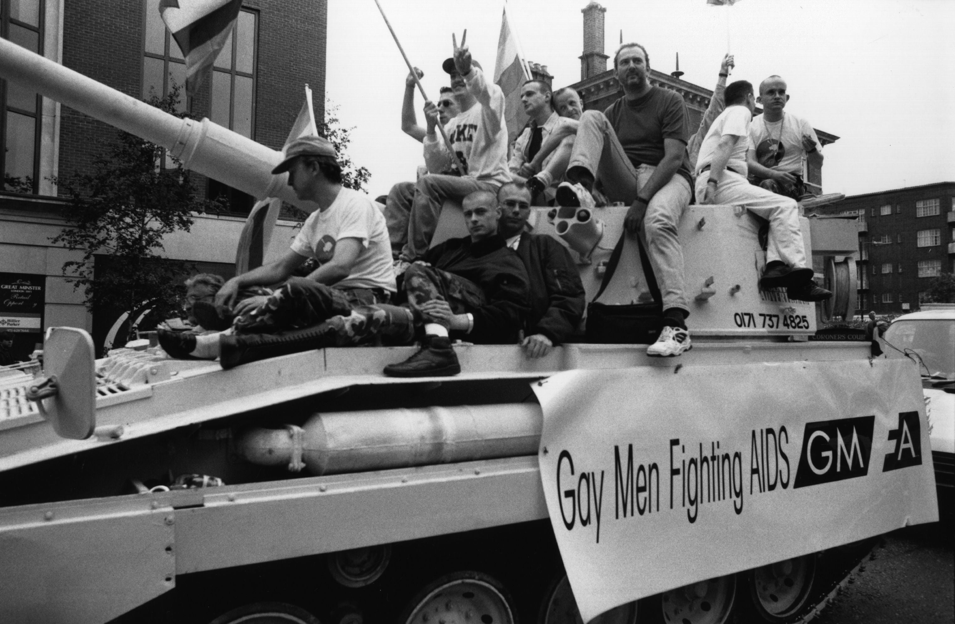 A tank on the Pride march of 1995 carrying ‘Gay Men Fighting Aids’ supporters