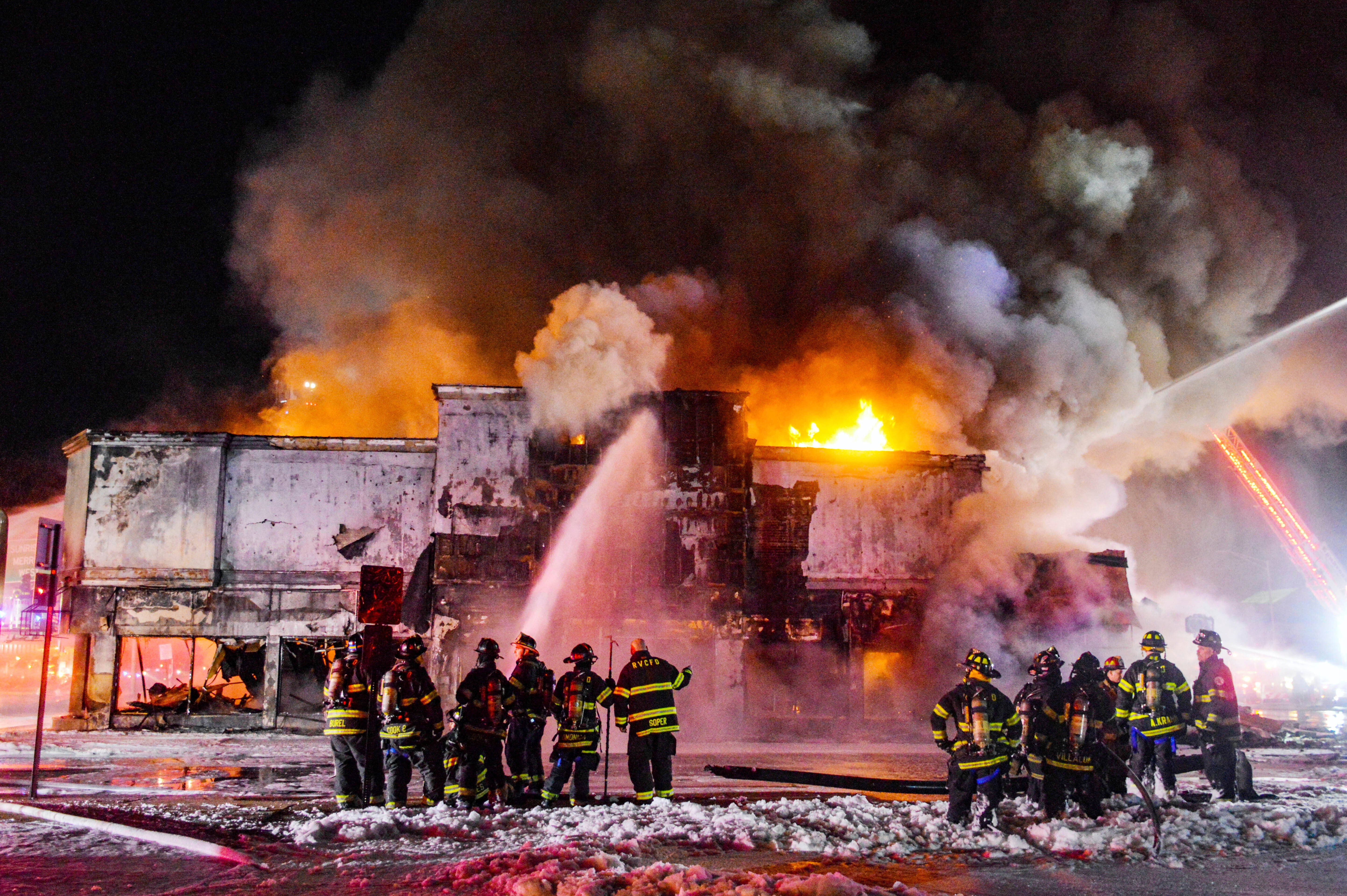 Emergency personnel work at the site of gas tanker accident in Rockville Centre, N.Y., early Wednesday, Feb. 16, 2022