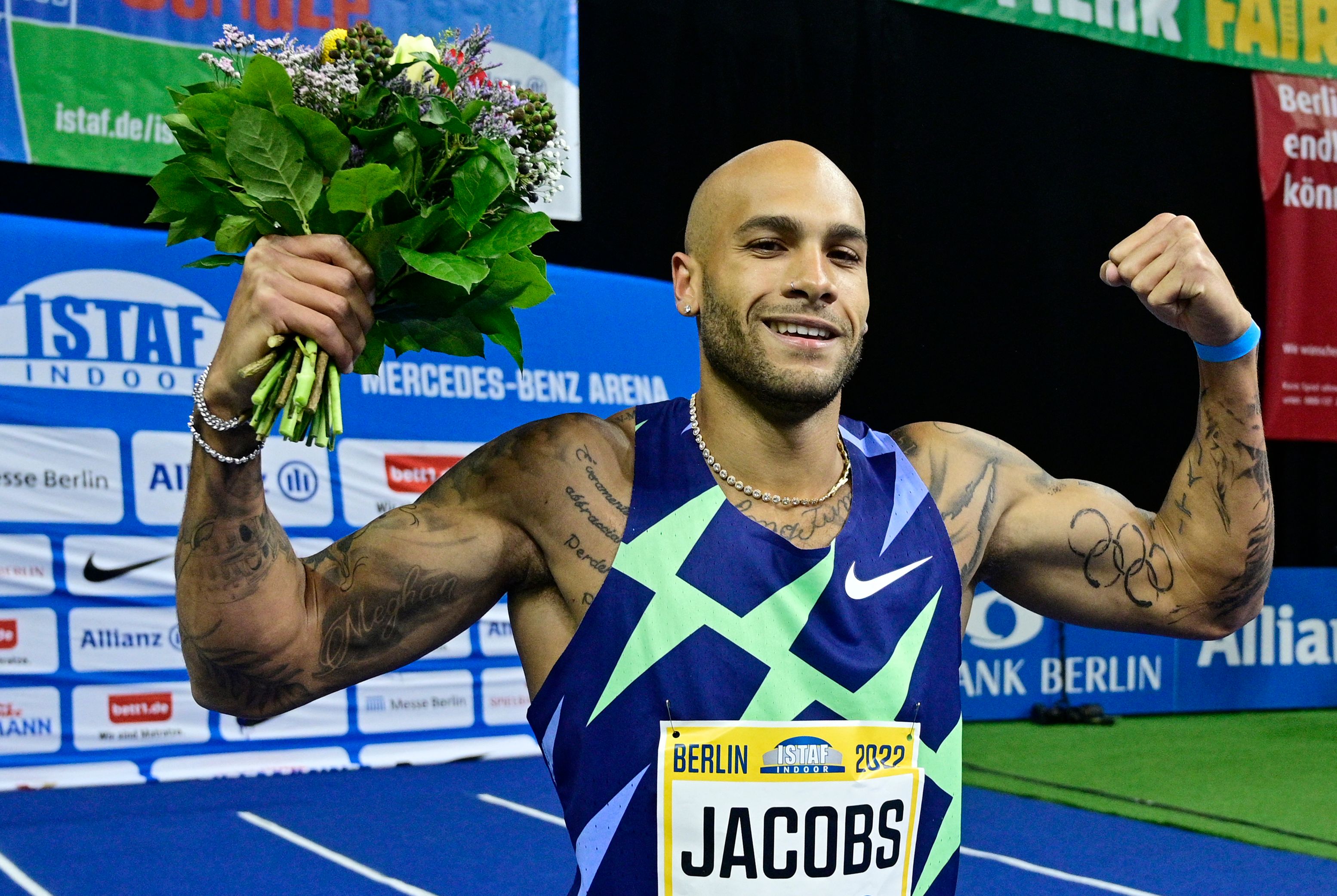 Marcell Jacobs poses after winning the men’s 60m at the ISTAF indoor athletics meeting in Berlin