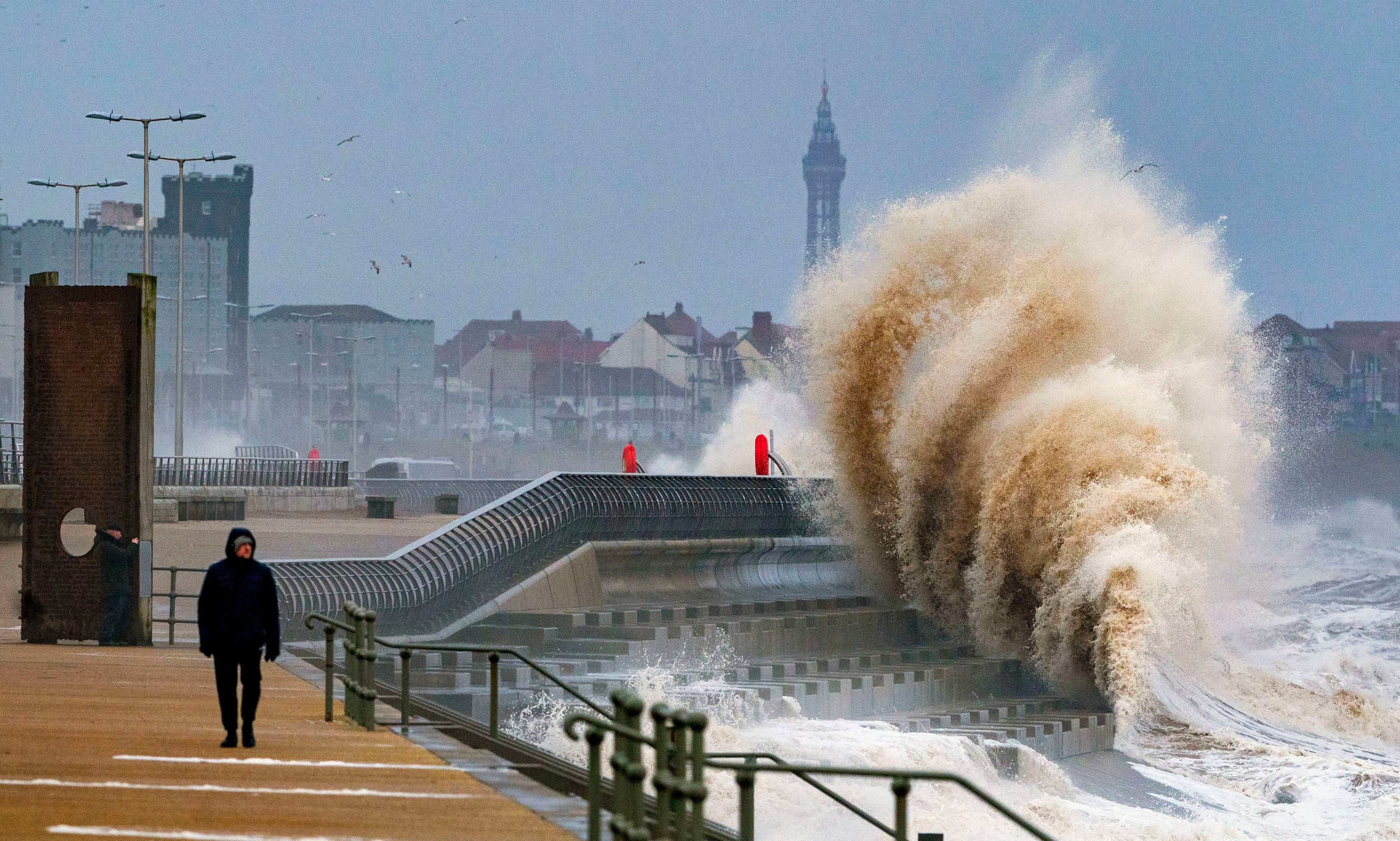 Waves crashing on the seafront at Blackpool before Storm Dudley hits the north of England