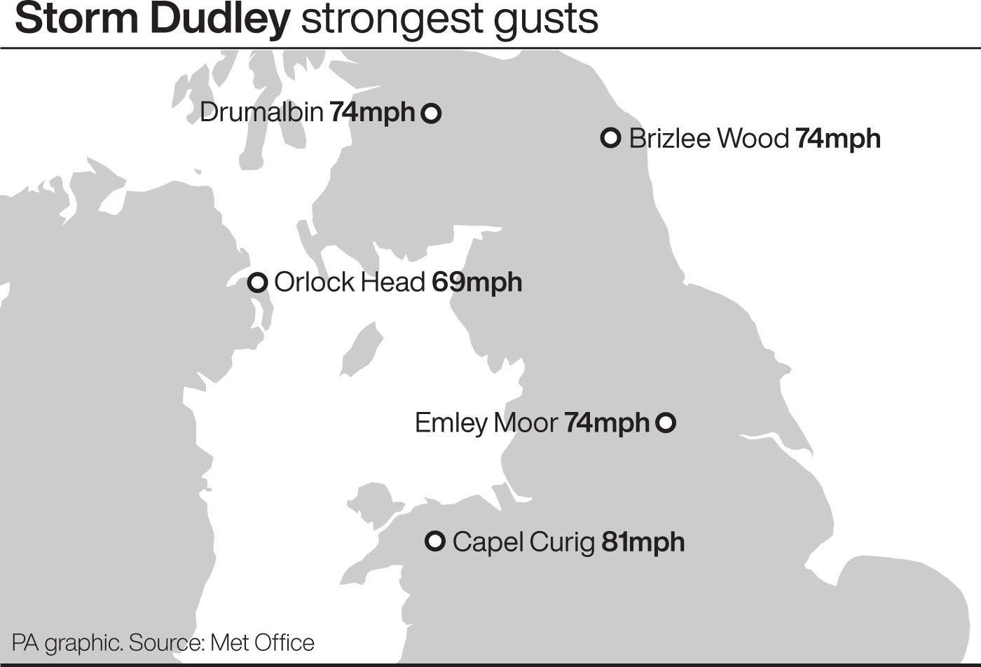 Areas affected by Dudley and wind speeds that hit