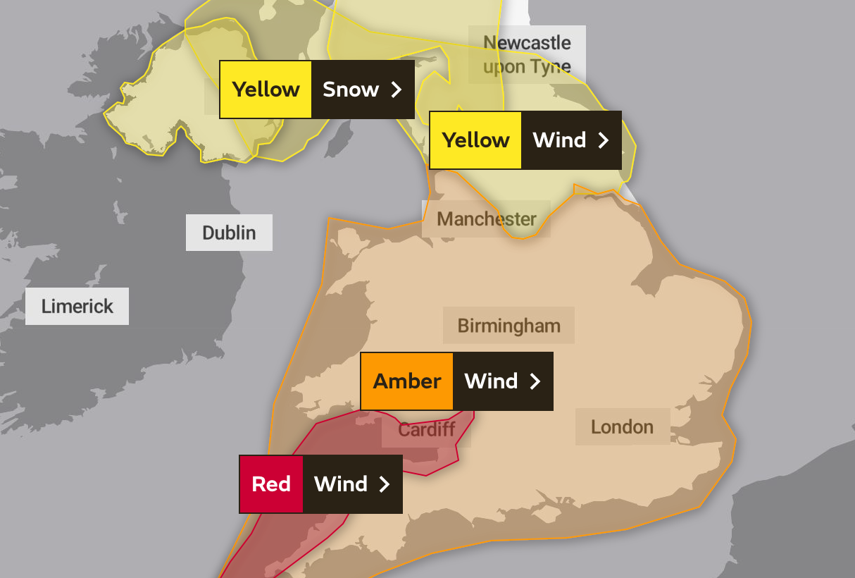 Red is the most serious warning and is rarely issued. This alert shows the UK on Friday, 18 February 2022